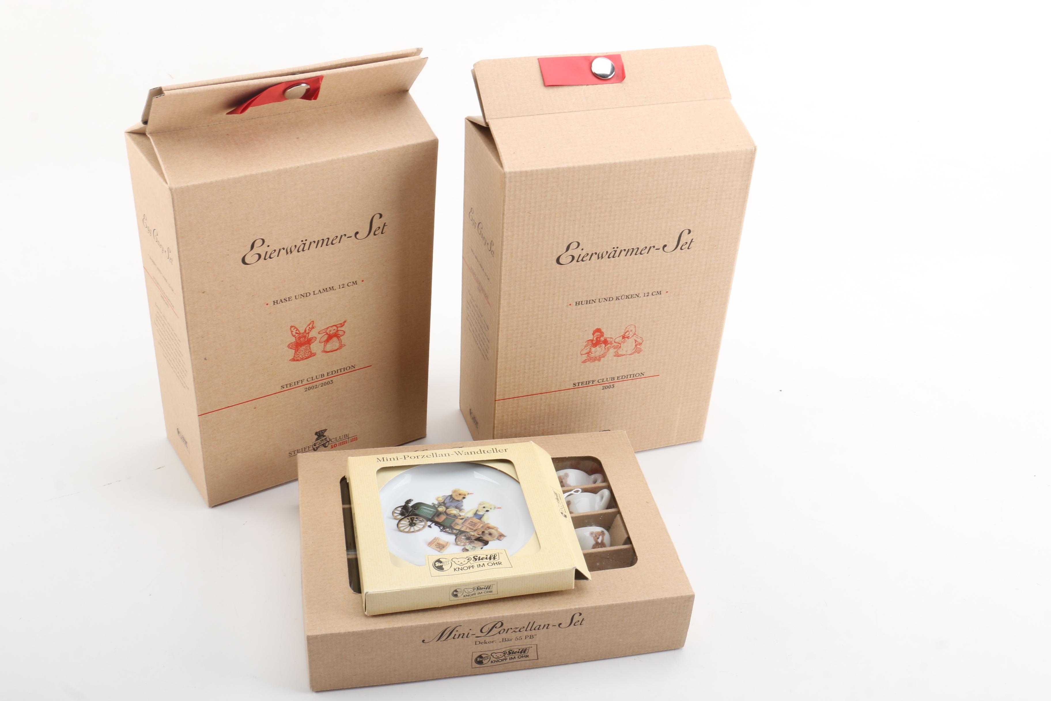 Steiff Mohair Hand Puppets, Wall Plate, and Miniature Tea Set