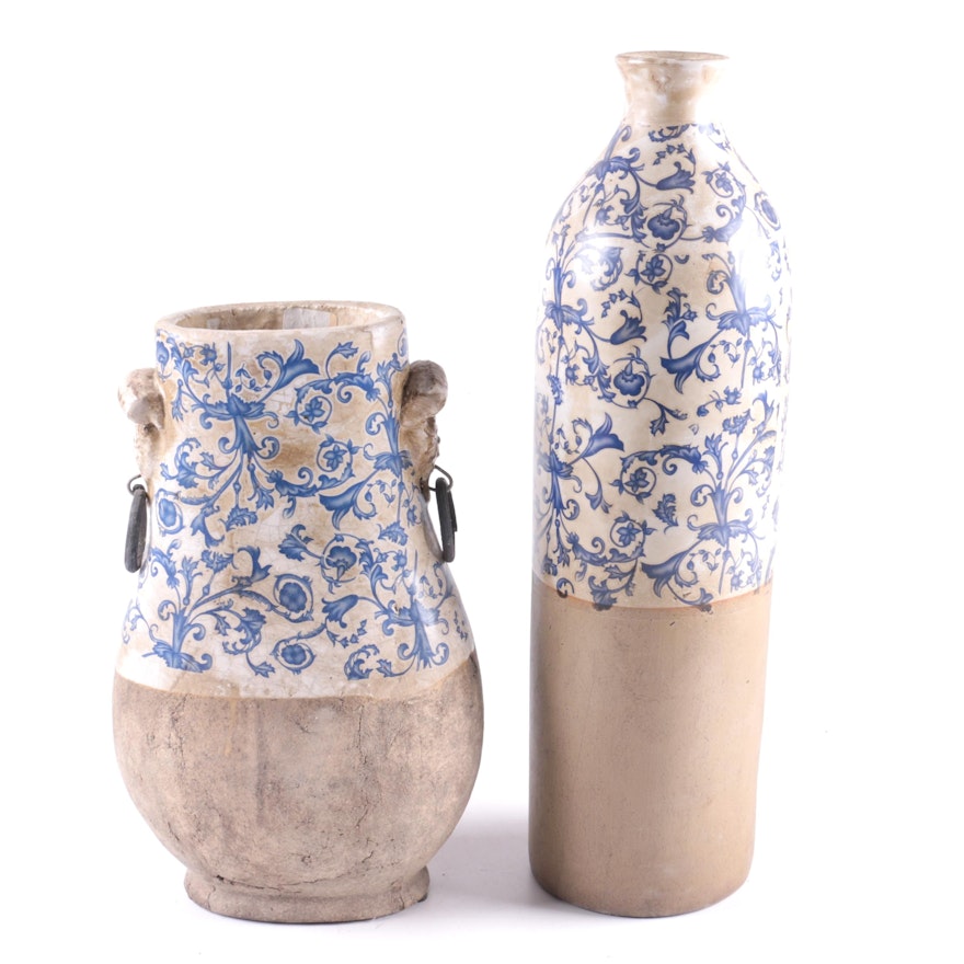 Blue and White Transfer Printed Stoneware Vases