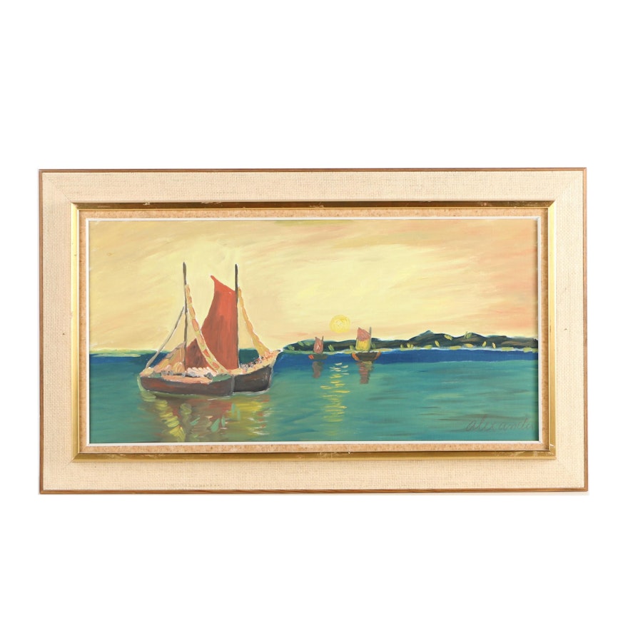 Alexander-Signed Nautical Oil Painting on Canvas