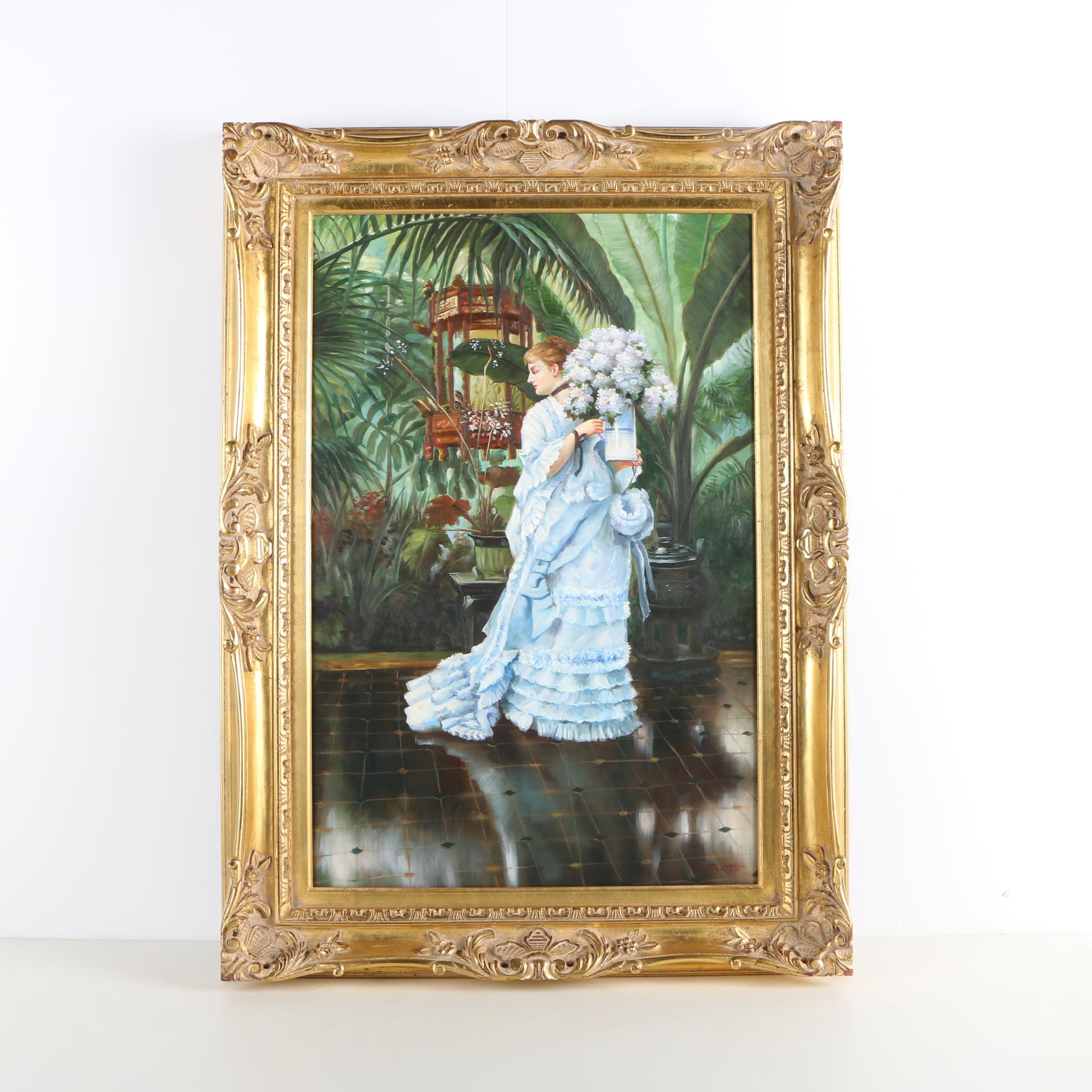 Oil Painting in the Manner of James Tissot's "The Bunch of Lilacs"