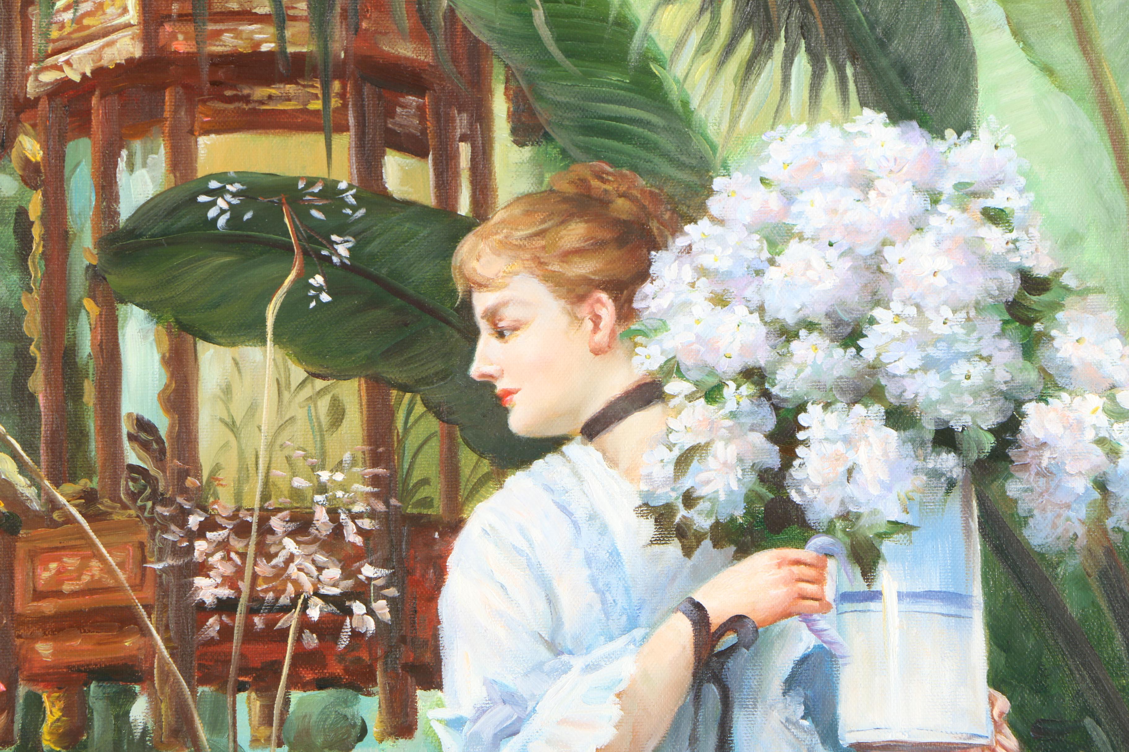 Oil Painting in the Manner of James Tissot's "The Bunch of Lilacs"