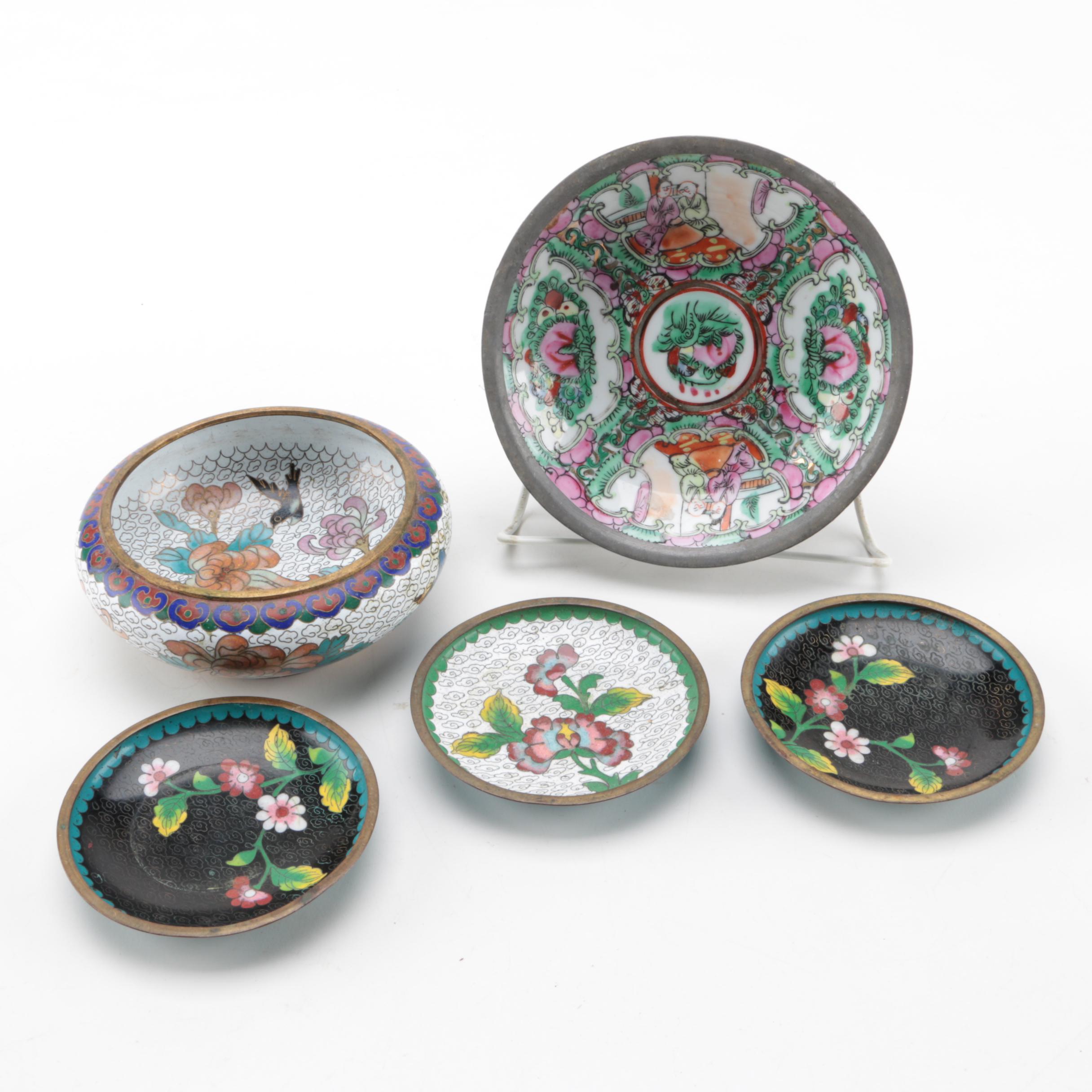 Chinese Cloisonné Dishes and Rose Canton Porcelain Bowl