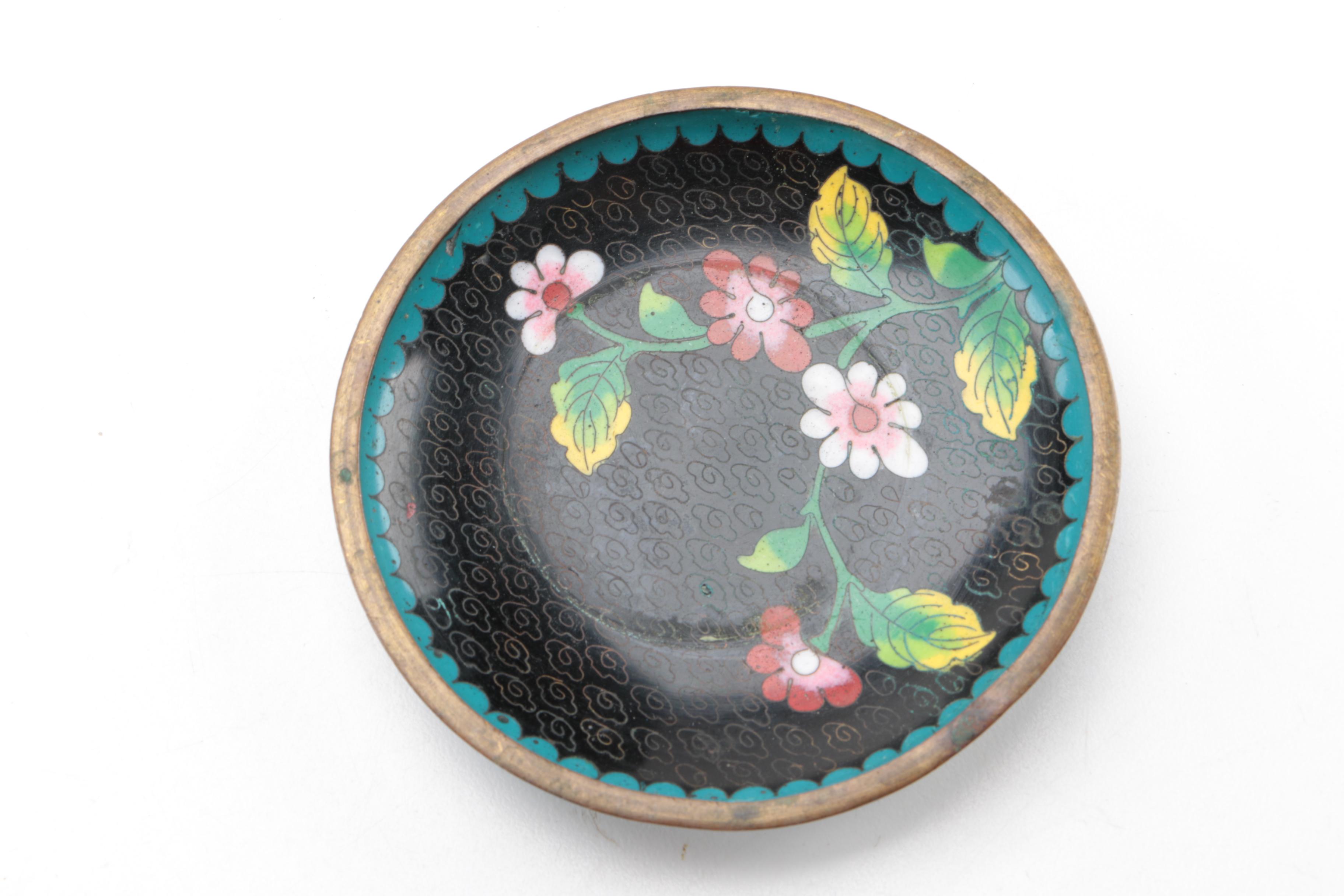 Chinese Cloisonné Dishes and Rose Canton Porcelain Bowl