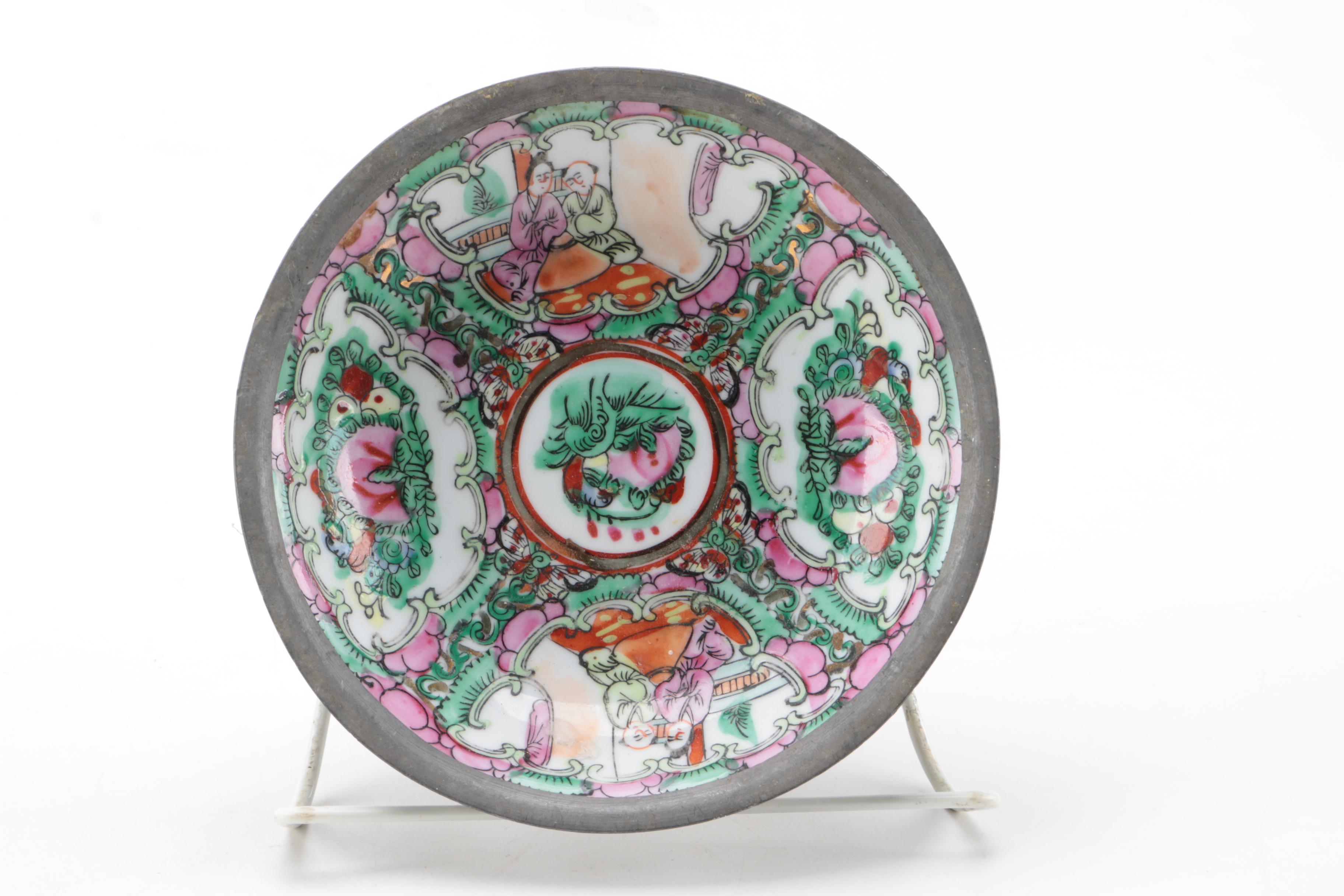 Chinese Cloisonné Dishes and Rose Canton Porcelain Bowl