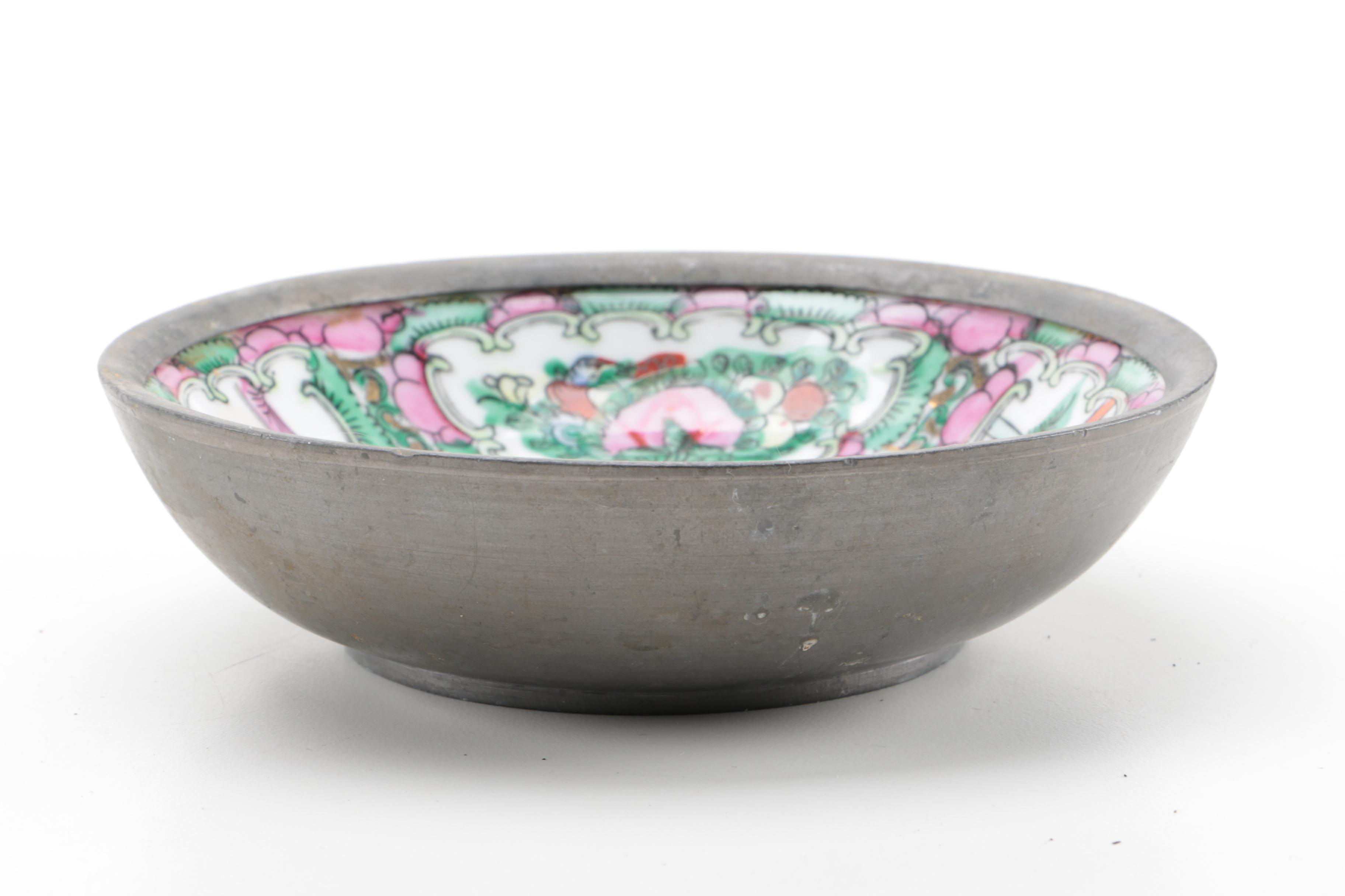 Chinese Cloisonné Dishes and Rose Canton Porcelain Bowl