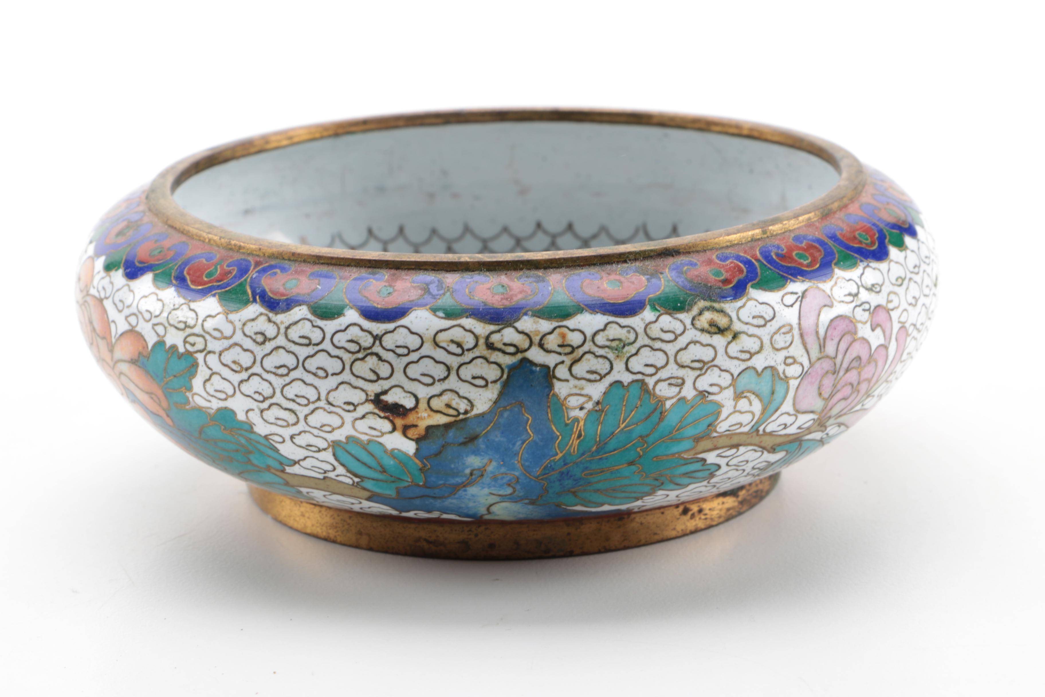 Chinese Cloisonné Dishes and Rose Canton Porcelain Bowl
