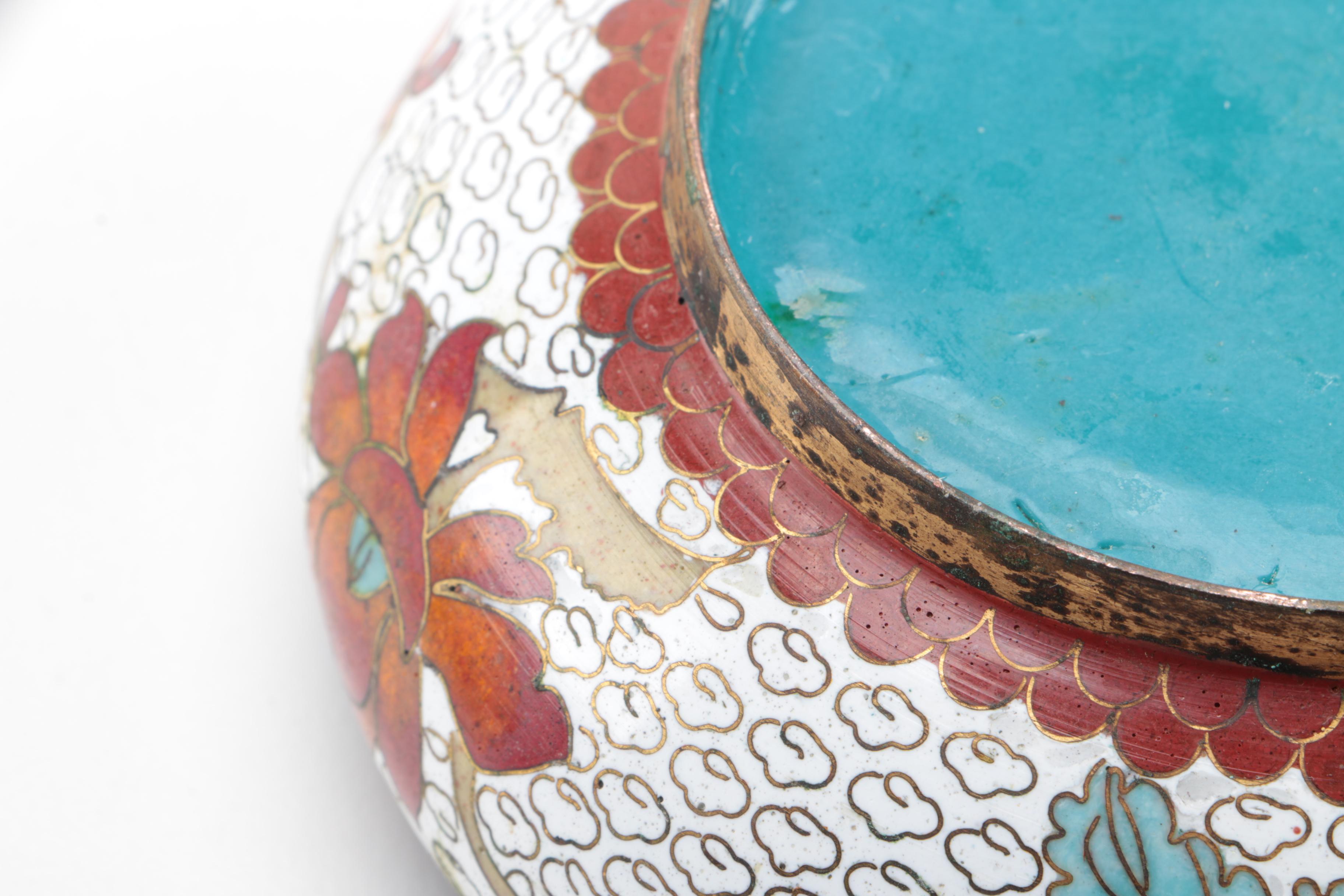 Chinese Cloisonné Dishes and Rose Canton Porcelain Bowl