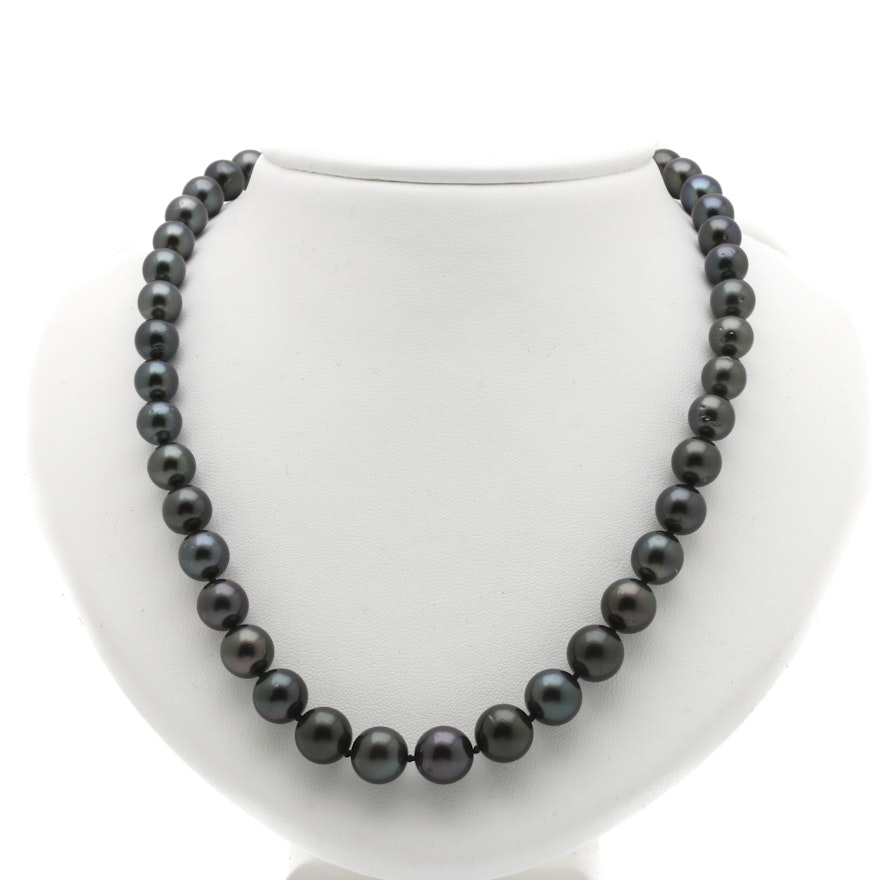 18K White Gold Cultured Tahitian Pearl and Diamond Necklace