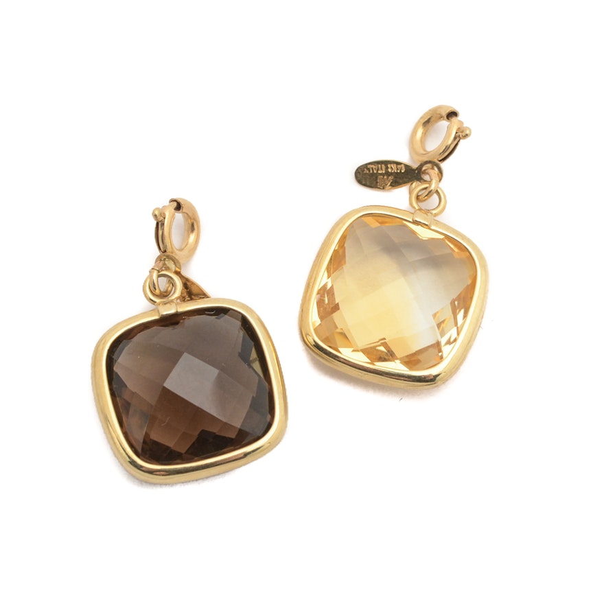 14K Yellow Gold Pendants From Italy with Citrine and Smoky Quartz