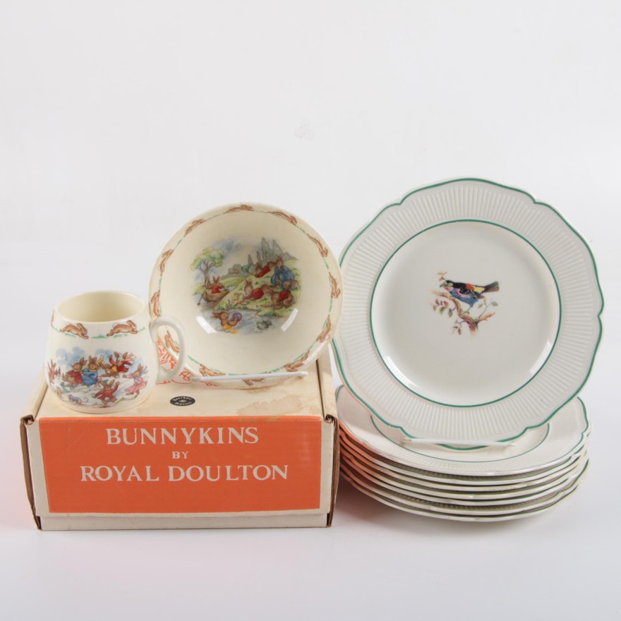 Royal Doulton Porcelain Bird Dinner Plates with "Bunnykins" Tableware Set