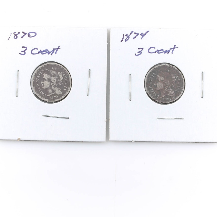 Group of Two Nickel Three Cent Coins Including an 1870 and an 1874