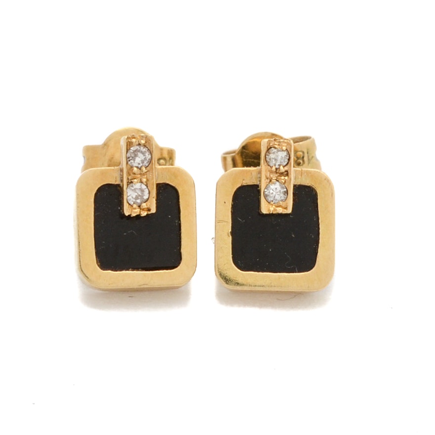 18K Gold Black Onyx and Diamond Earrings