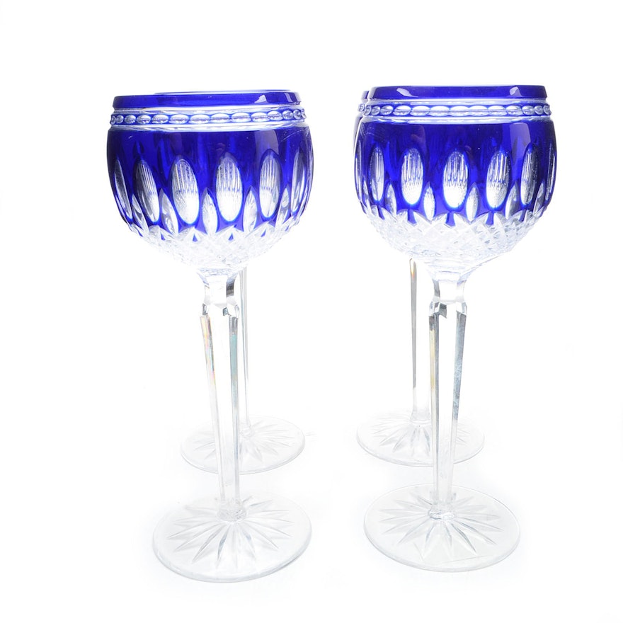 Waterford Crystal Cased Cobalt Cut to Clear "Clarendon" Hock Wine Glasses