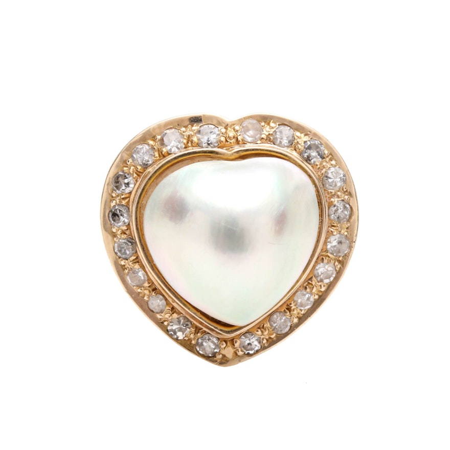 14K Yellow Gold Cultured Pearl and Diamond Heart Ring