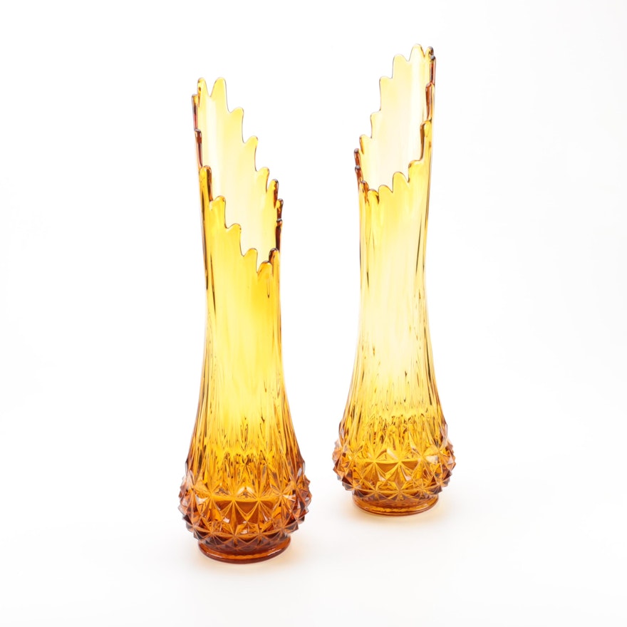 Pair of Vintage Amber Swung Glass Vases