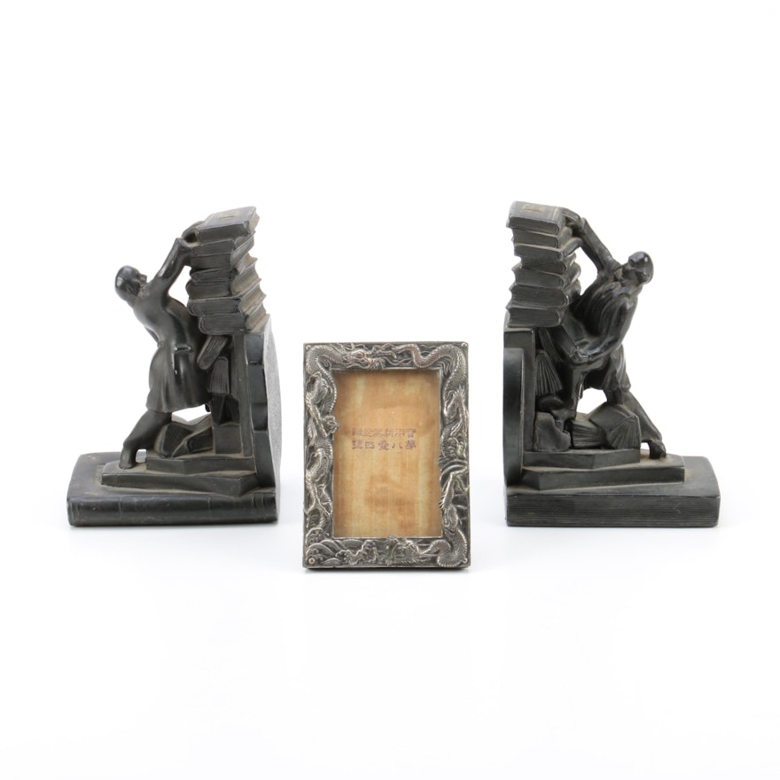 Silver Plate Dragon Picture Frame and Chicago "A Century of Progress" Bookends