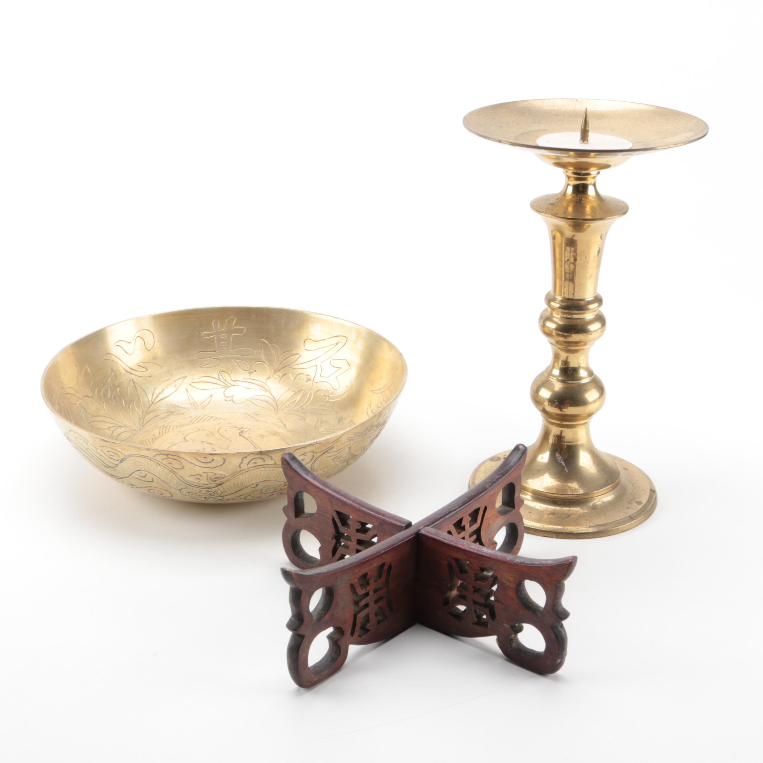 Brass Candle Holder, Bowl, and Wooden Stand