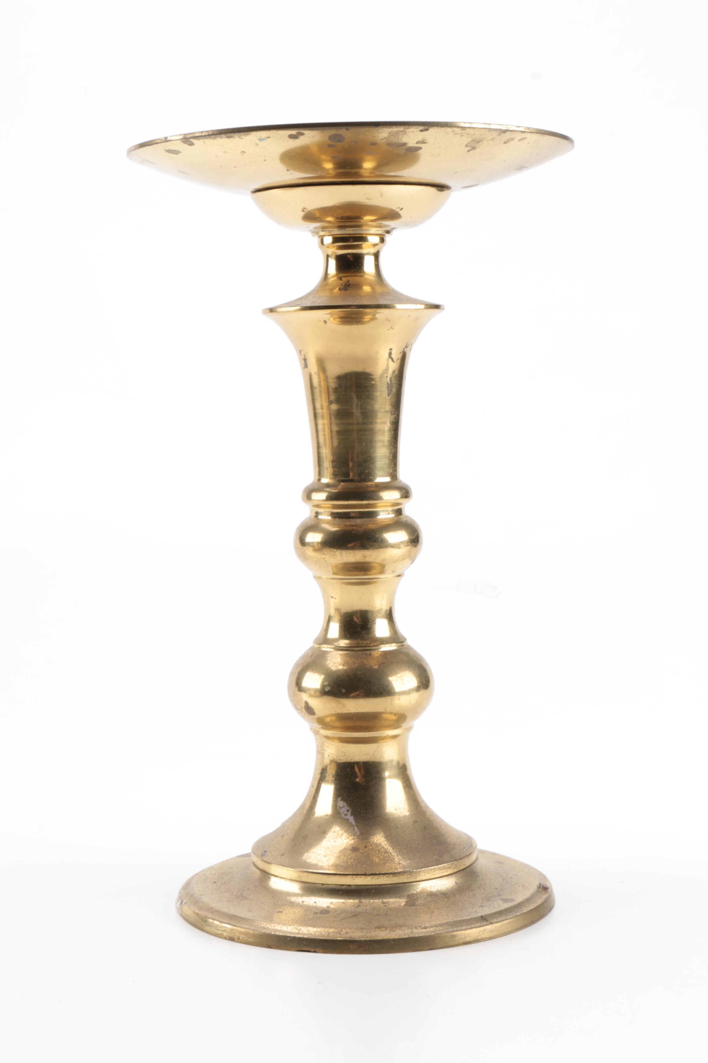 Brass Candle Holder, Bowl, and Wooden Stand