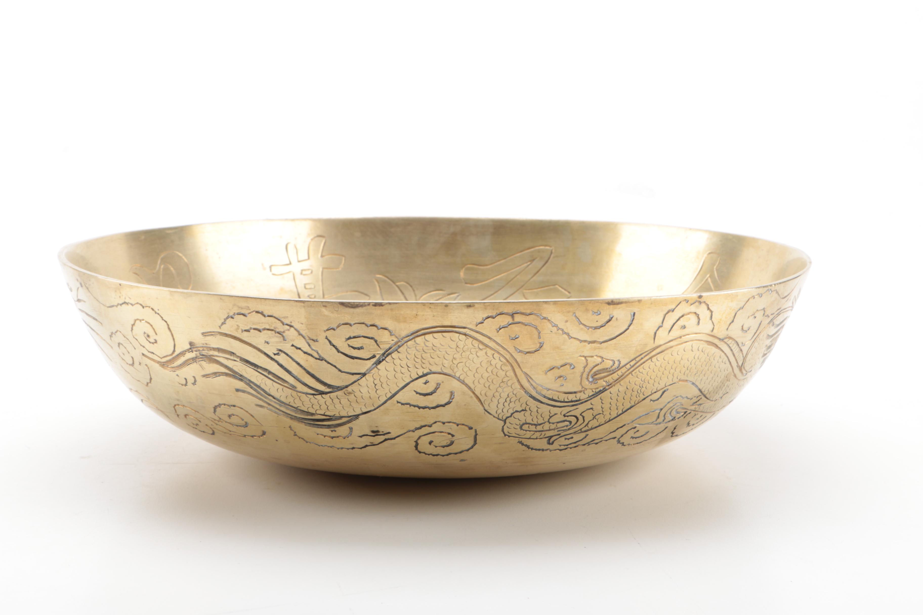 Brass Candle Holder, Bowl, and Wooden Stand