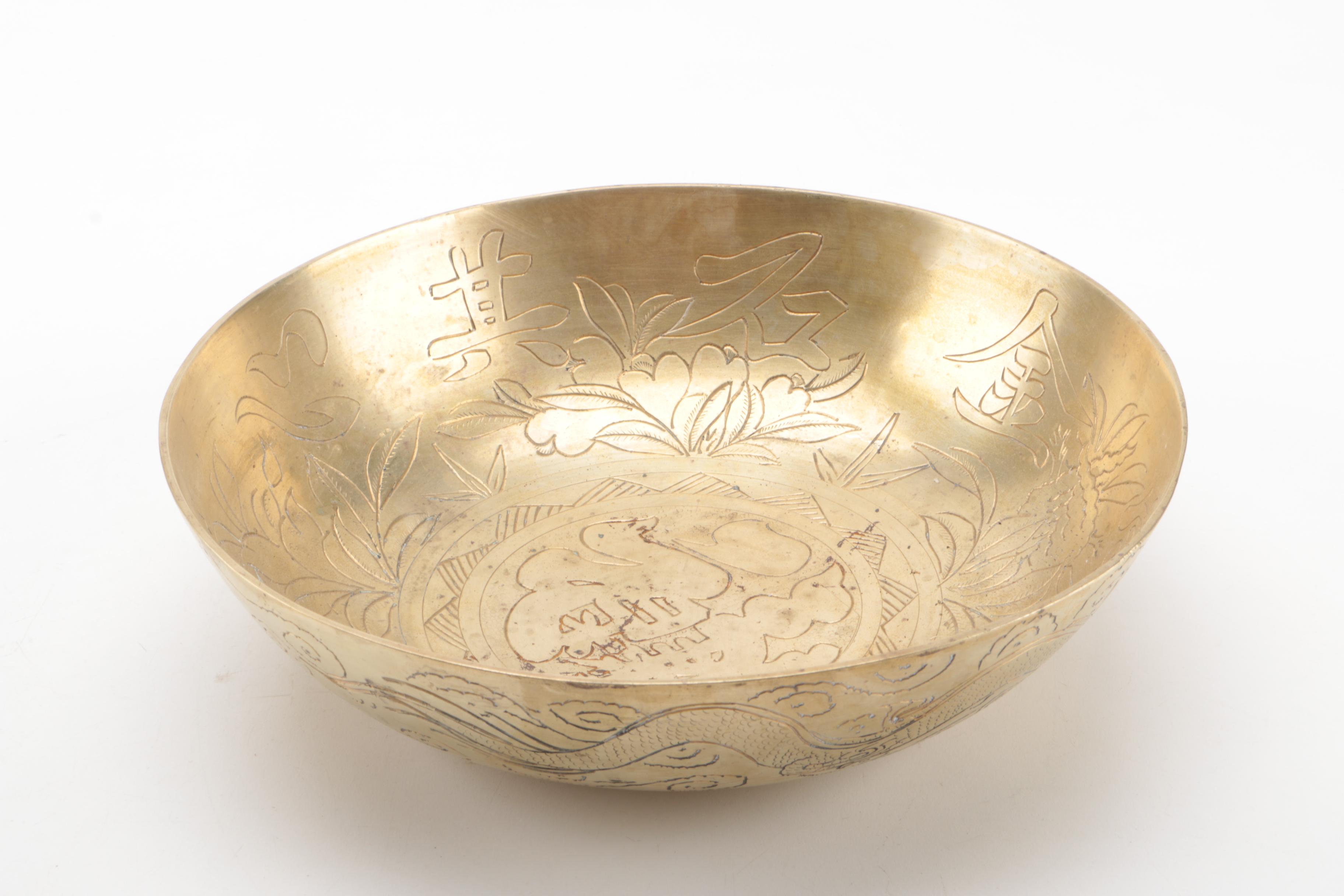 Brass Candle Holder, Bowl, and Wooden Stand