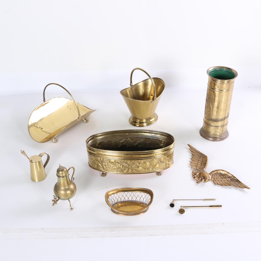 Collection of Vintage Brass Decor Including Fire Starter Smudge Pot
