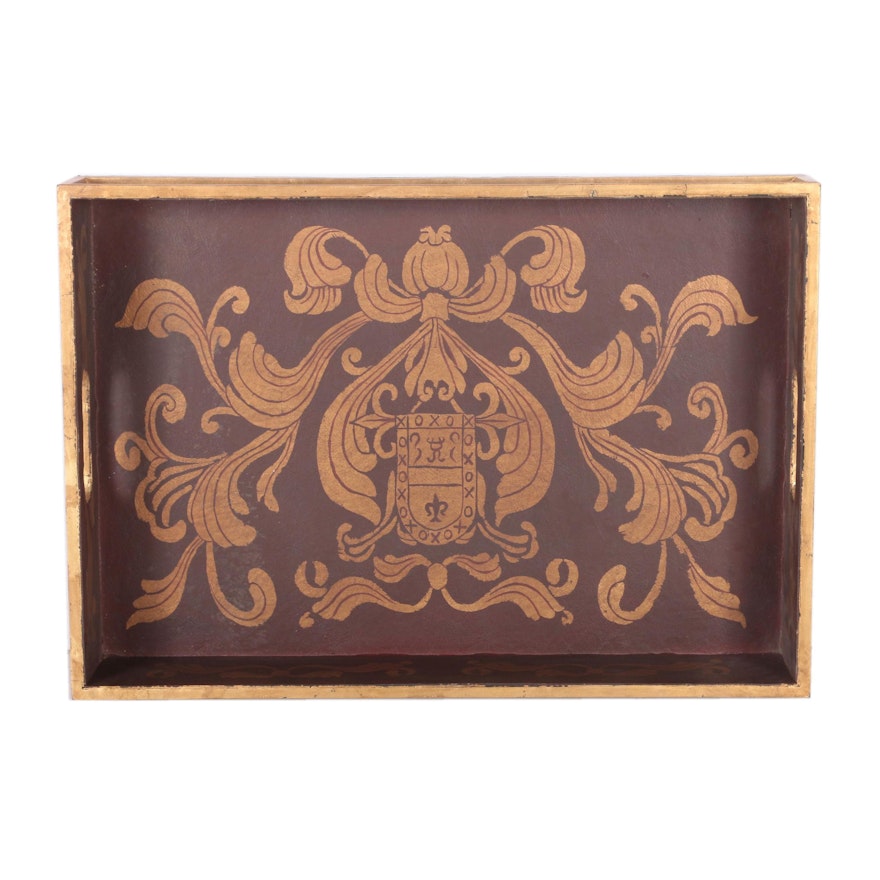 Wood and Metal Decorative Tray with Fleur-de-Lis Design