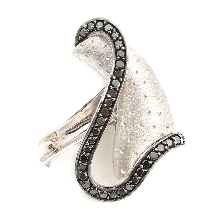 Sterling Silver Textured Swirl Black Diamond Ring