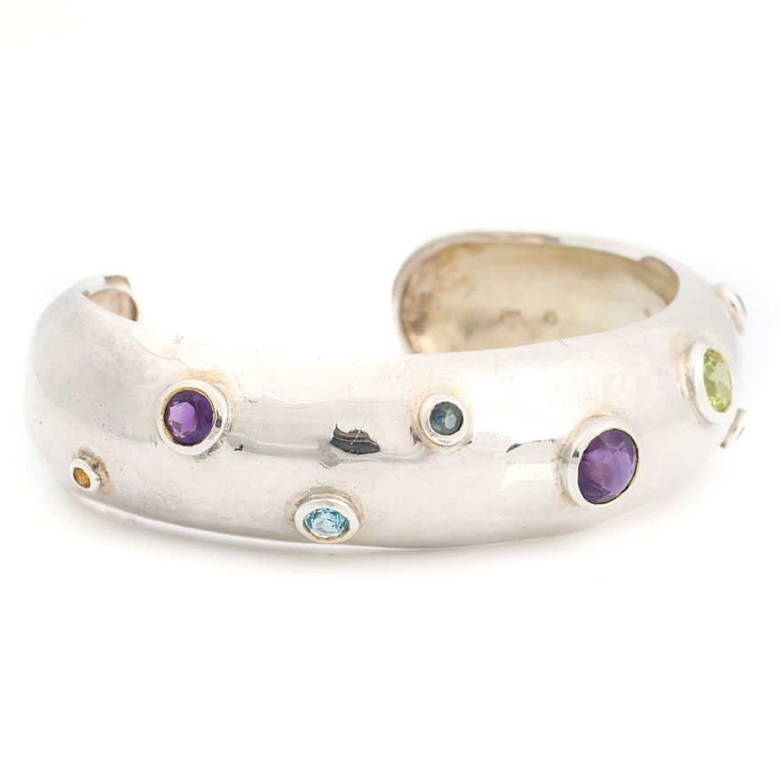 Sterling Silver Cuff Bracelet with Amethyst, Blue Topaz, Peridot and Citrine