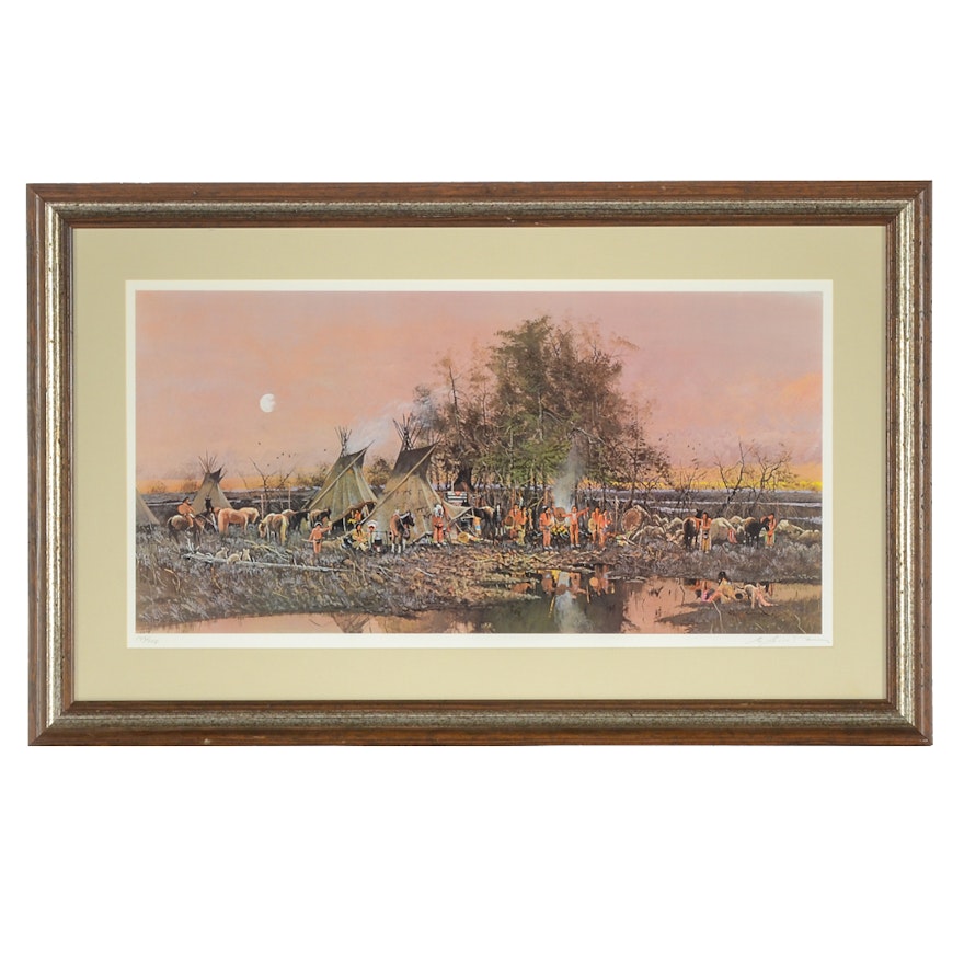 Signed Limited Edition Offset Lithograph of Native American Encampment