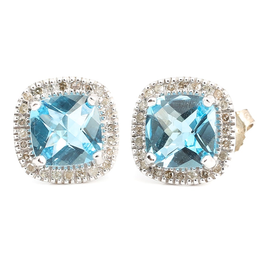 14K White Gold Blue Topaz and Diamond Halo Earrings
