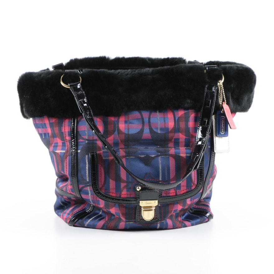 Coach Poppy Tartan Heritage Tote with Sheared Fur Trim