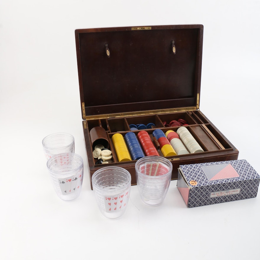 Vintage Playing Cards with Poker Chips and Cups