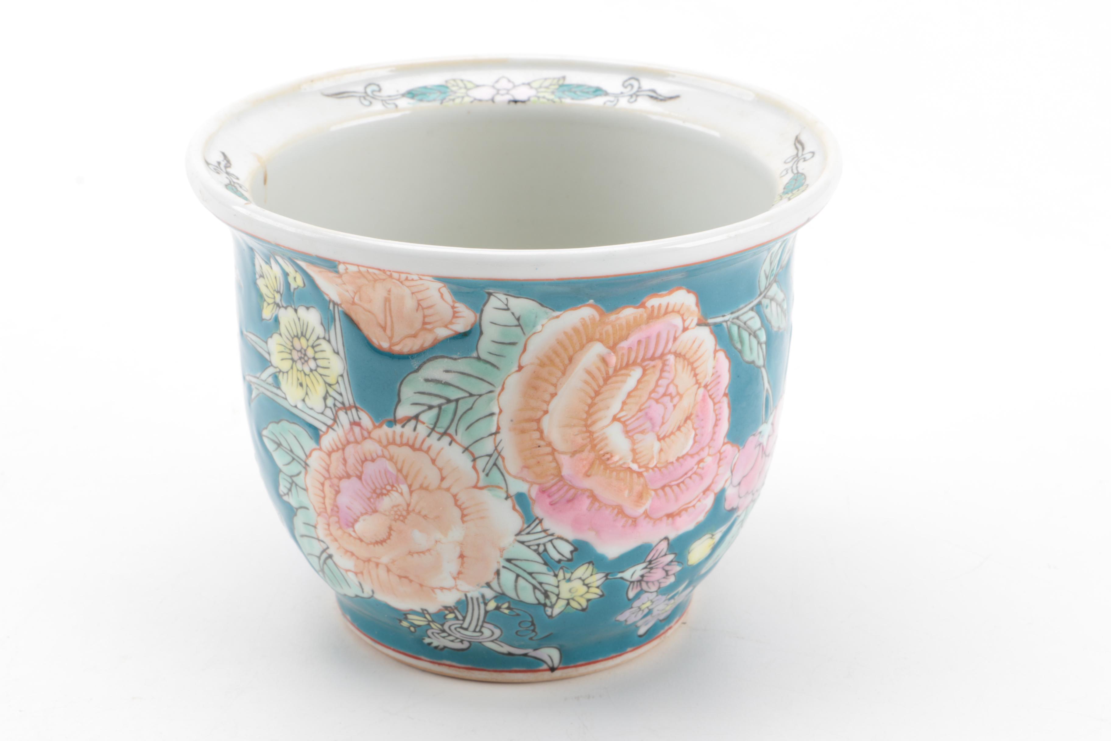 East Asian Porcelain Planters, Canister, Plate, and Carved Wood Stands