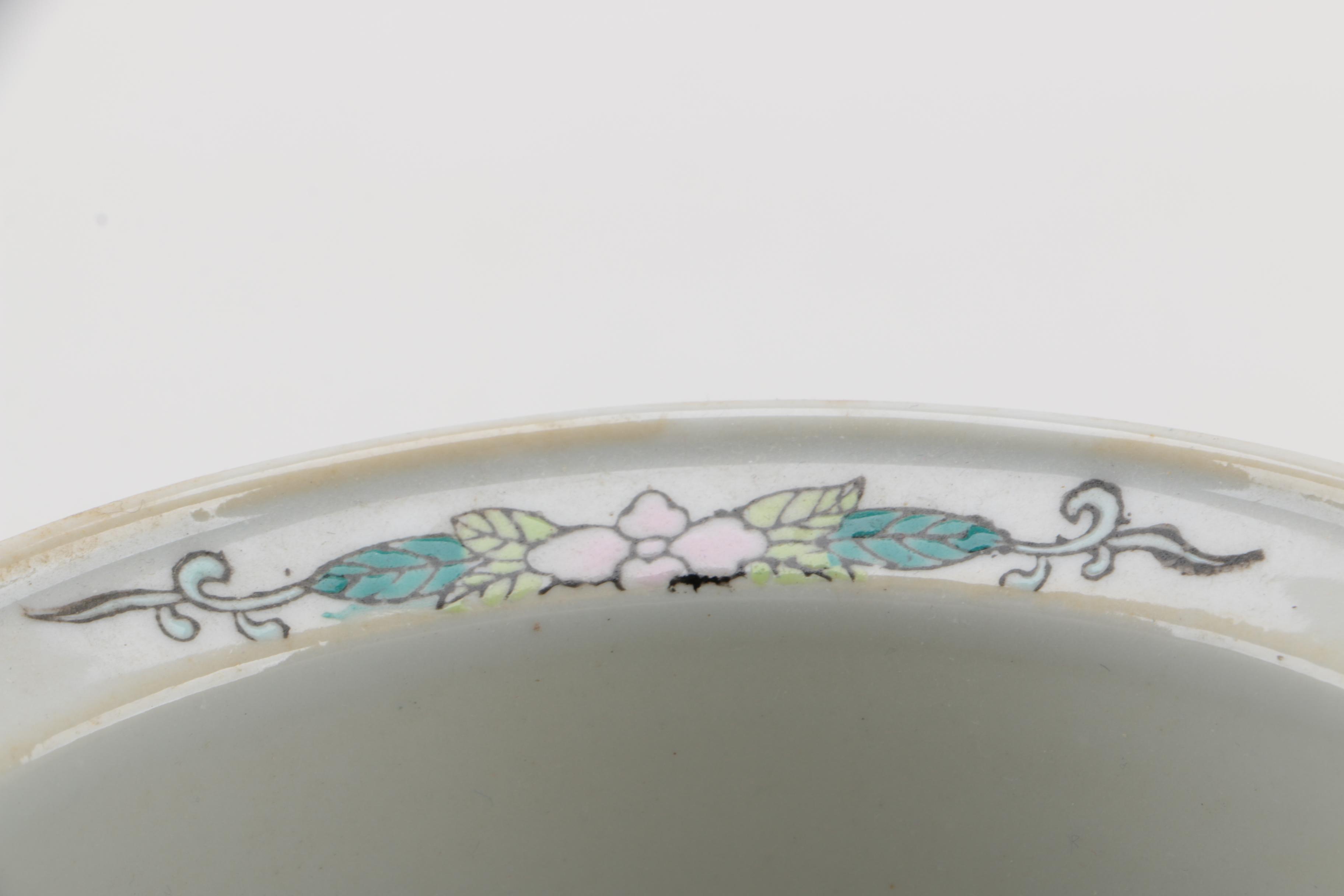 East Asian Porcelain Planters, Canister, Plate, and Carved Wood Stands