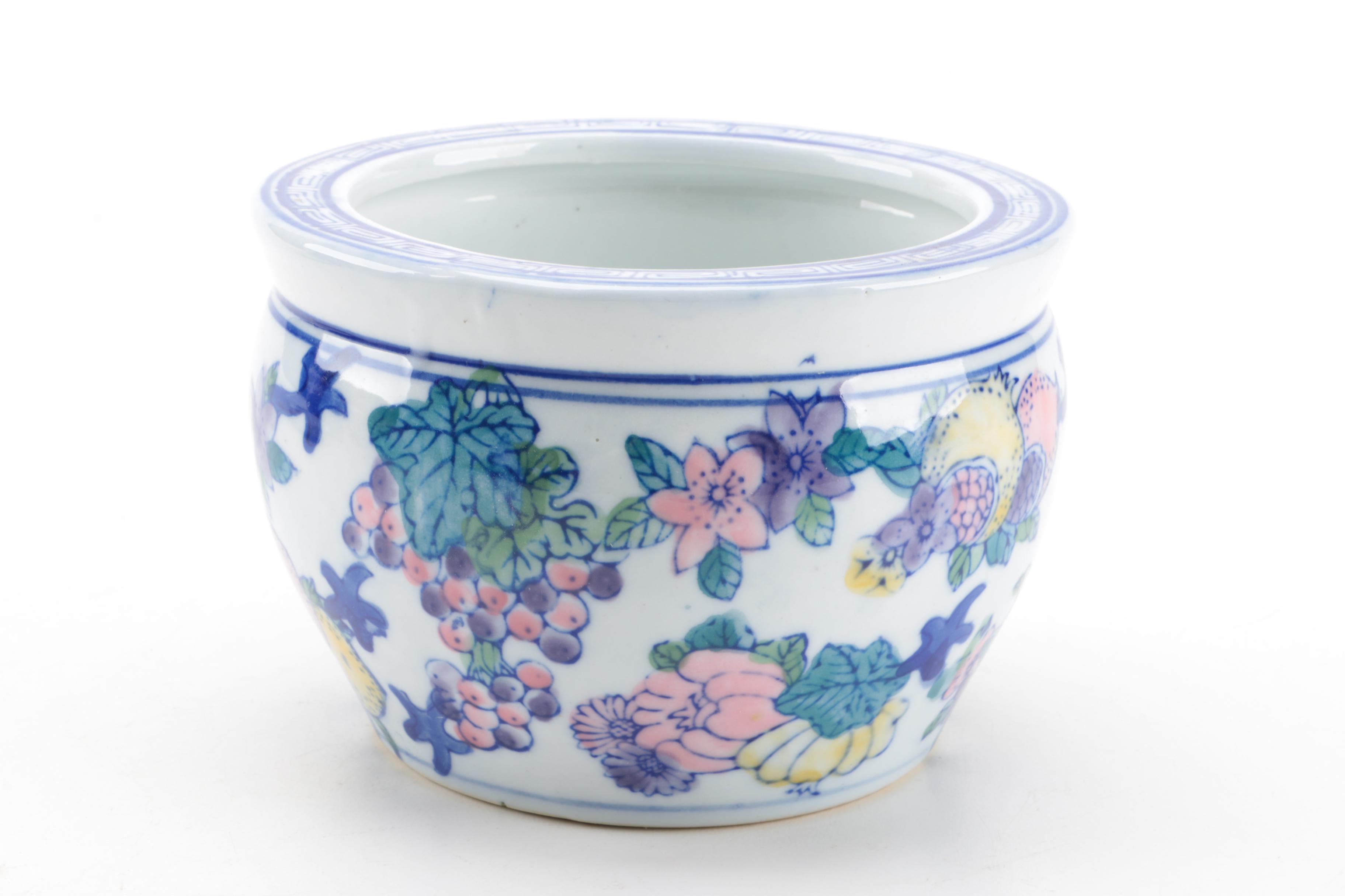 East Asian Porcelain Planters, Canister, Plate, and Carved Wood Stands