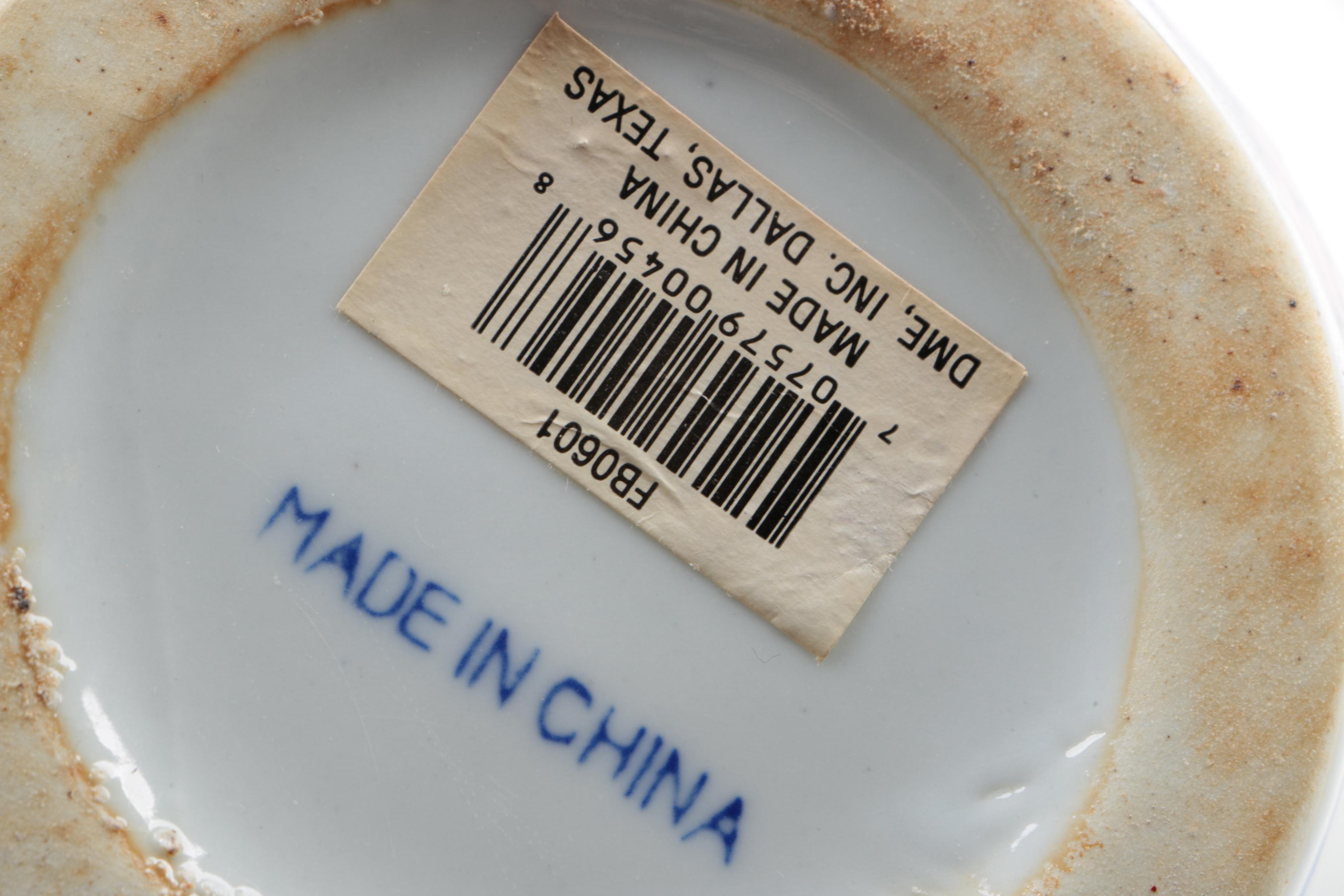 East Asian Porcelain Planters, Canister, Plate, and Carved Wood Stands