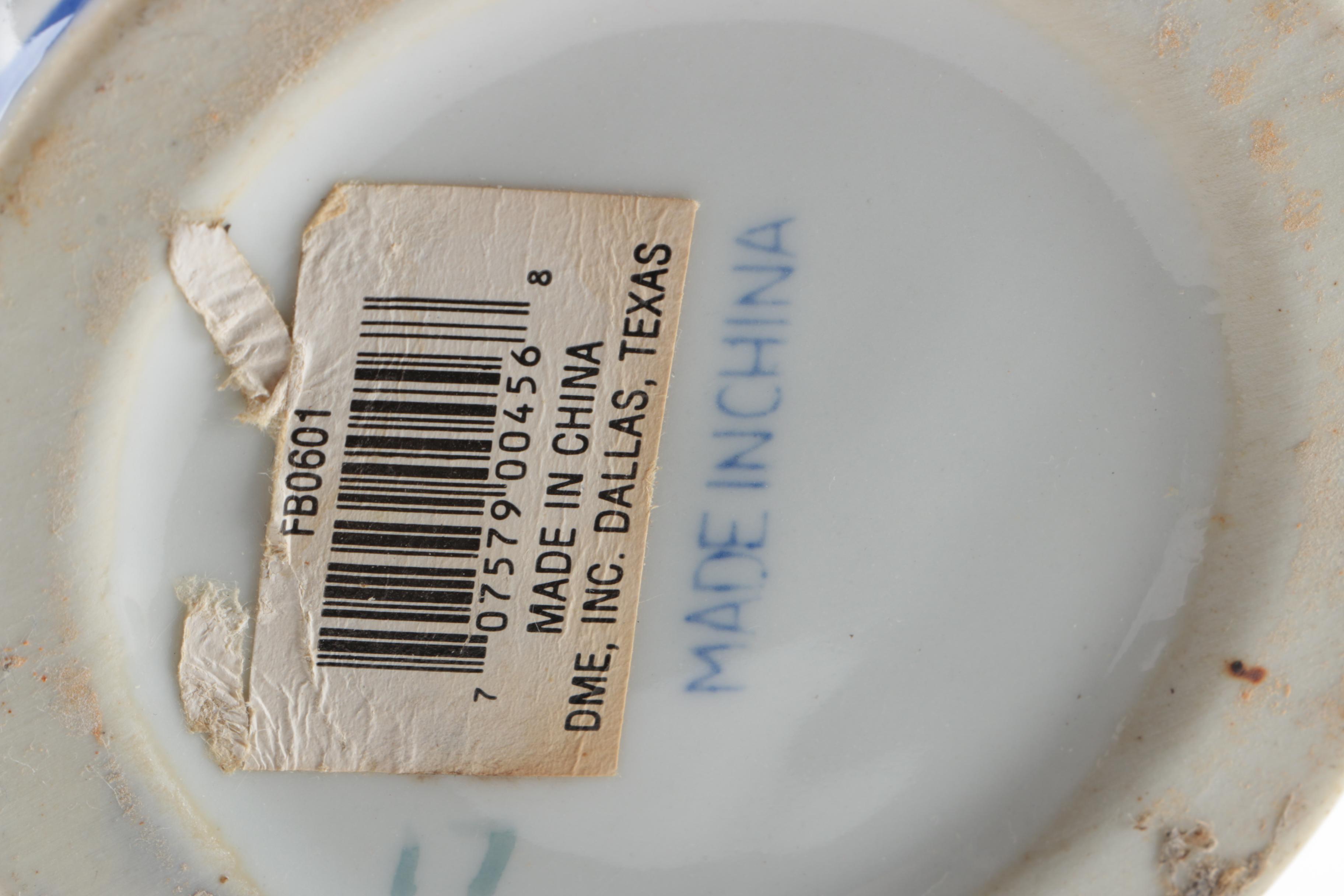 East Asian Porcelain Planters, Canister, Plate, and Carved Wood Stands