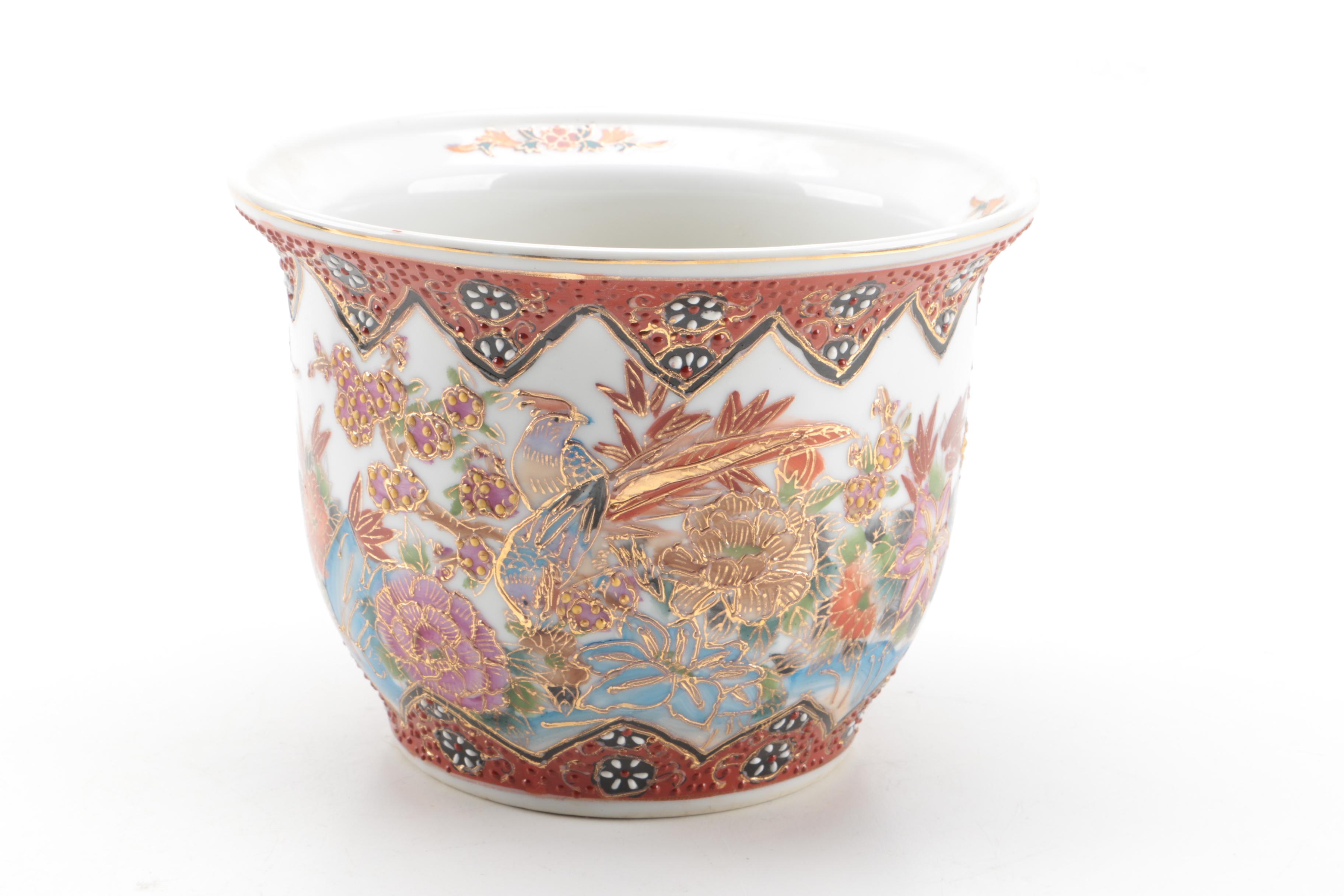 East Asian Porcelain Planters, Canister, Plate, and Carved Wood Stands