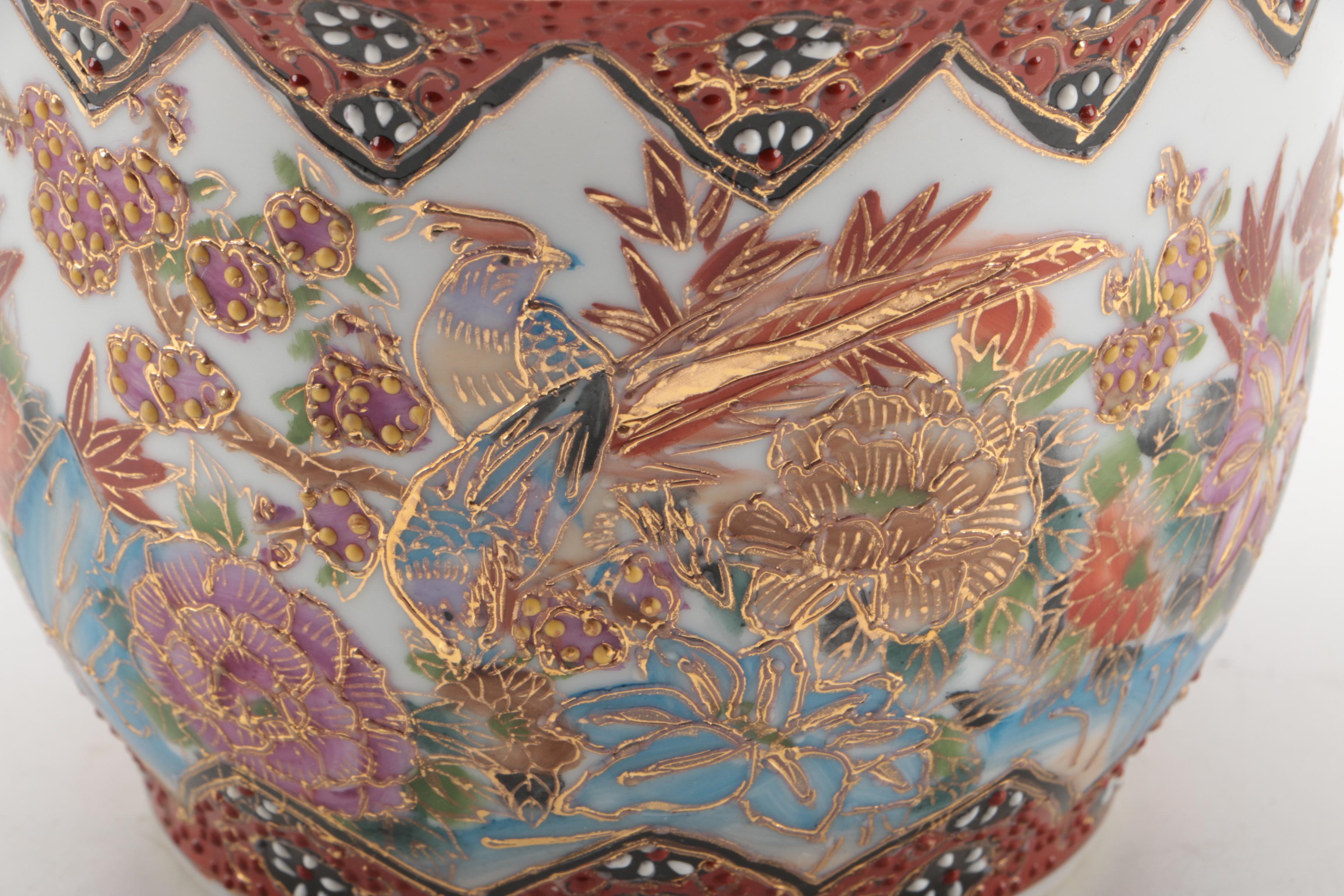 East Asian Porcelain Planters, Canister, Plate, and Carved Wood Stands