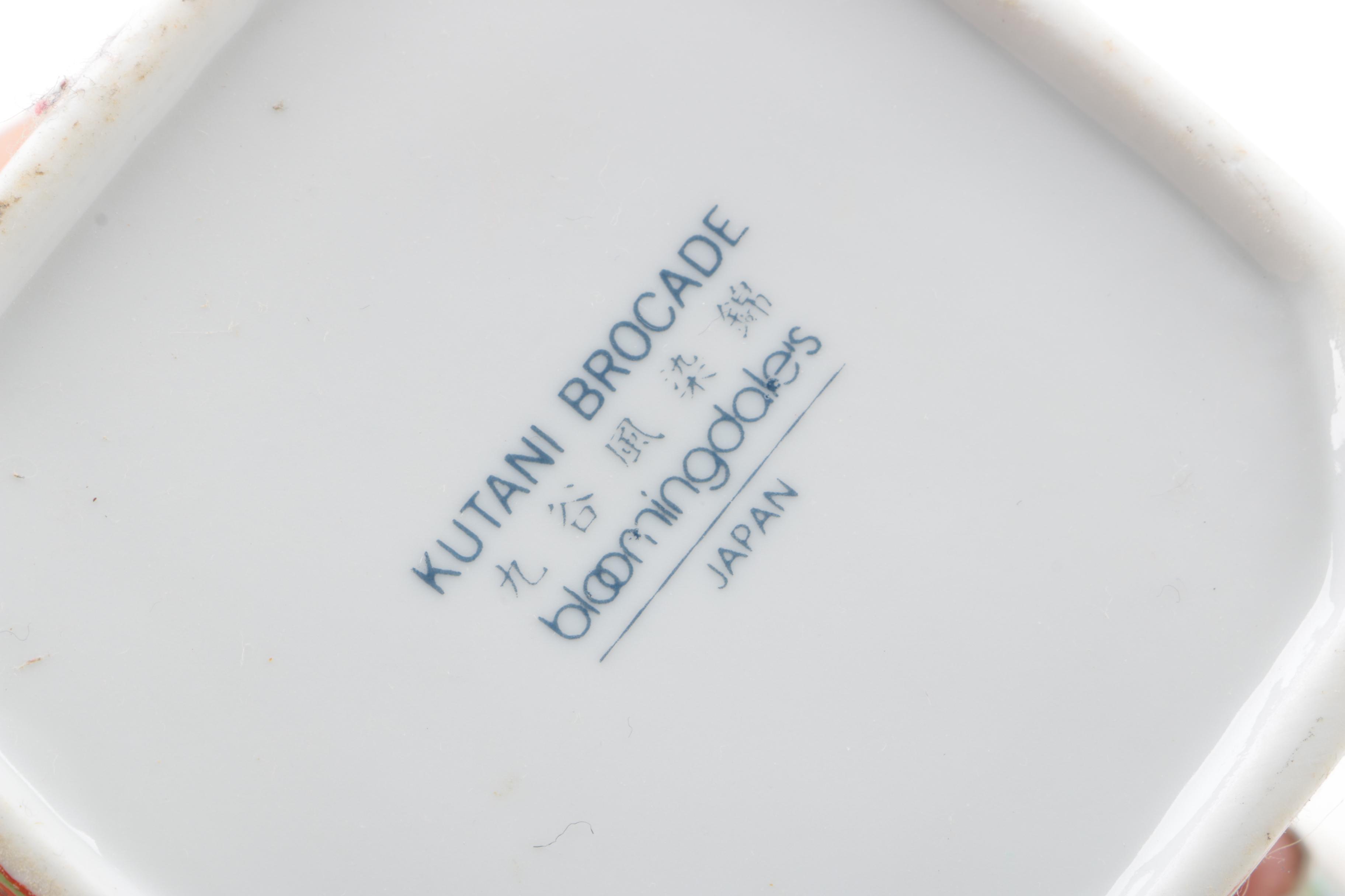 East Asian Porcelain Planters, Canister, Plate, and Carved Wood Stands