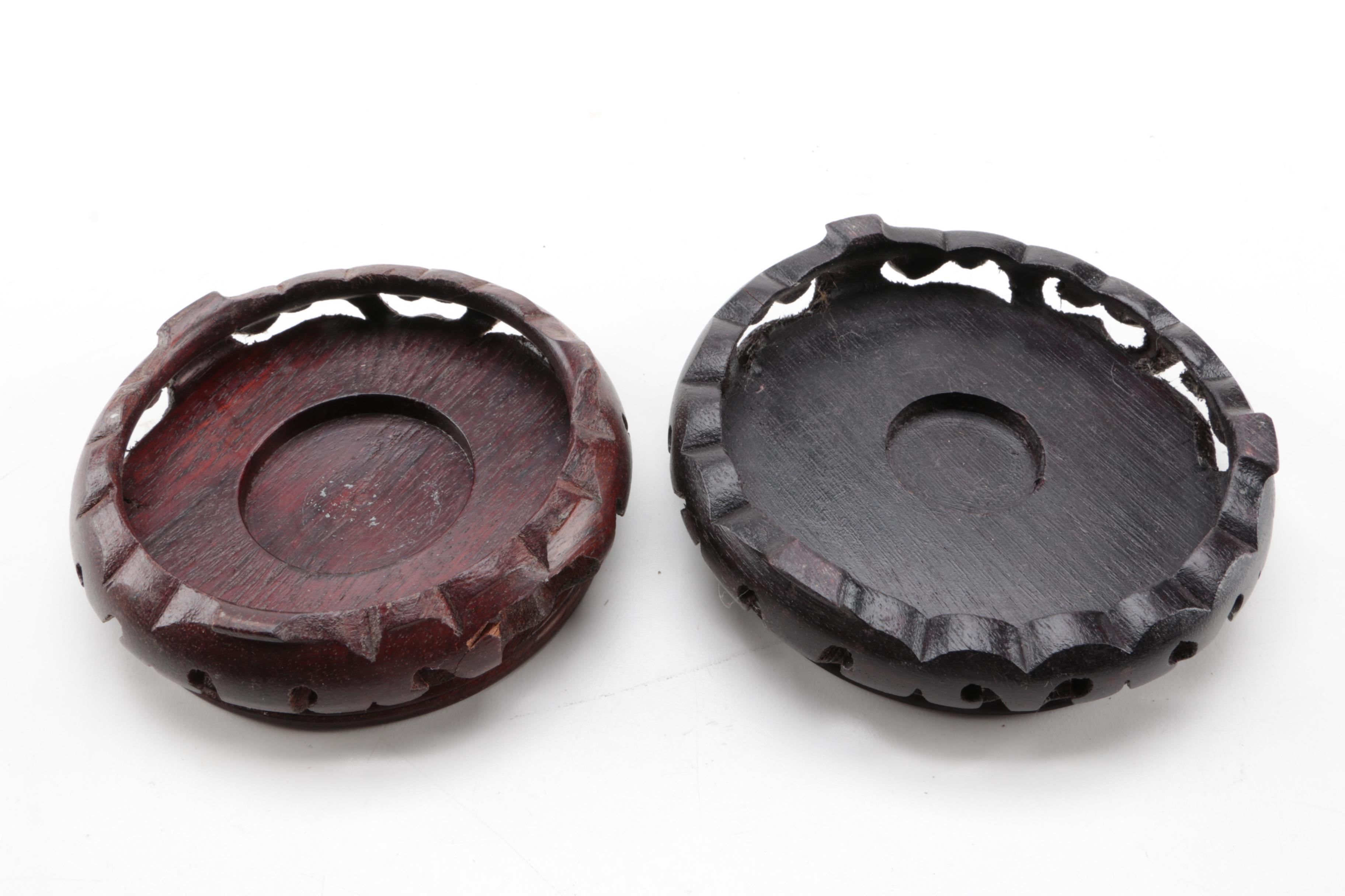 East Asian Porcelain Planters, Canister, Plate, and Carved Wood Stands