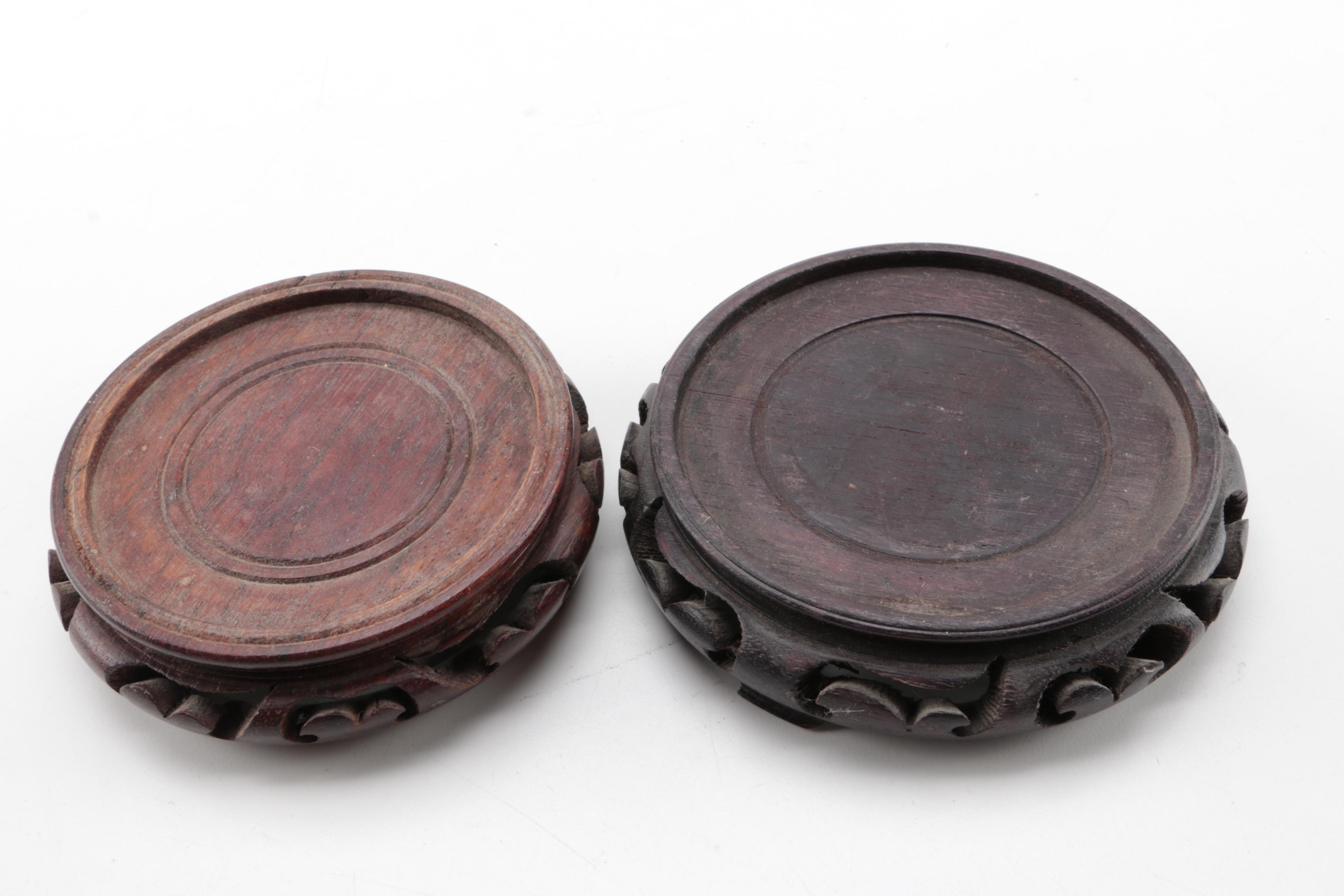 East Asian Porcelain Planters, Canister, Plate, and Carved Wood Stands