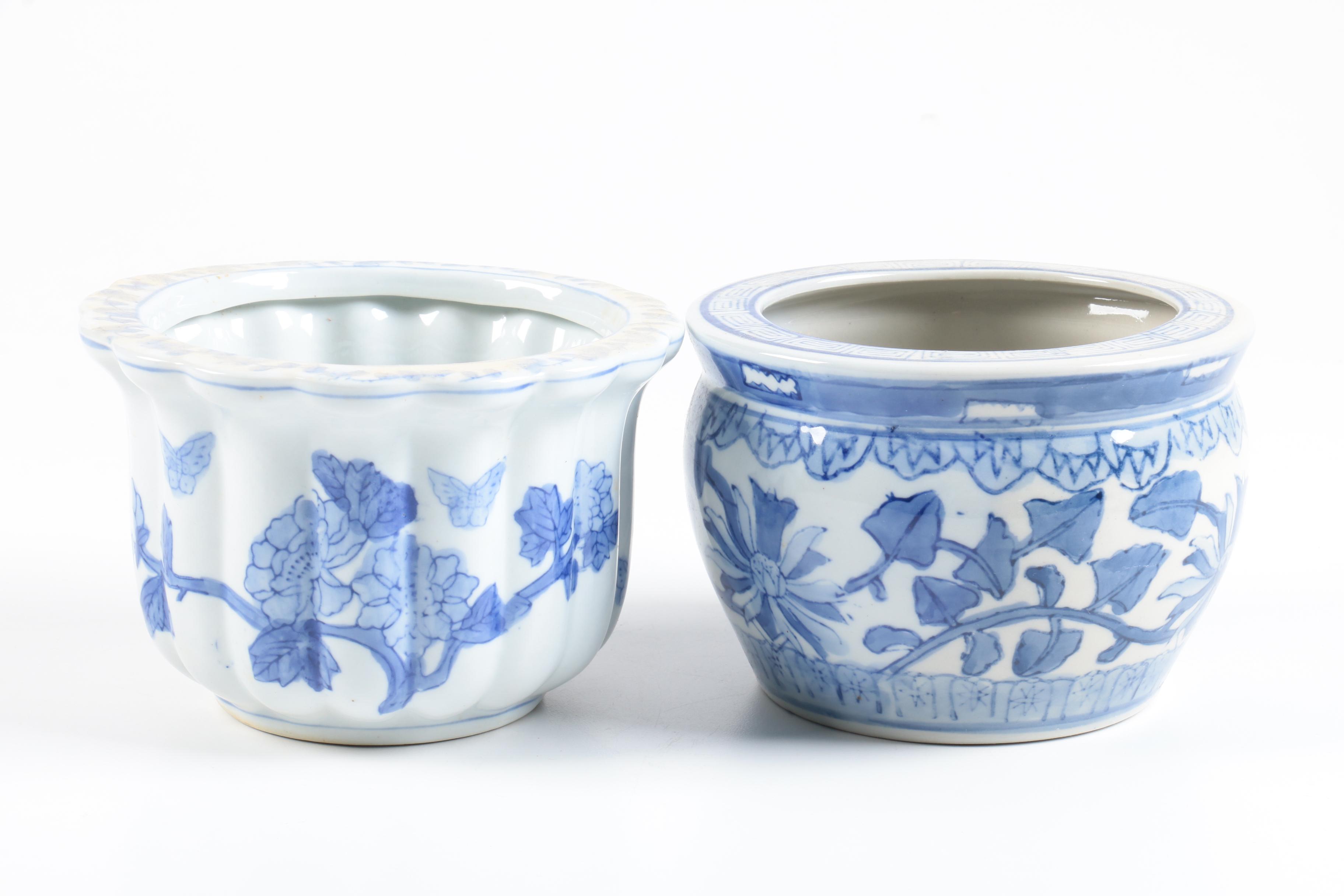 Assorted Blue and White Ceramic Planters