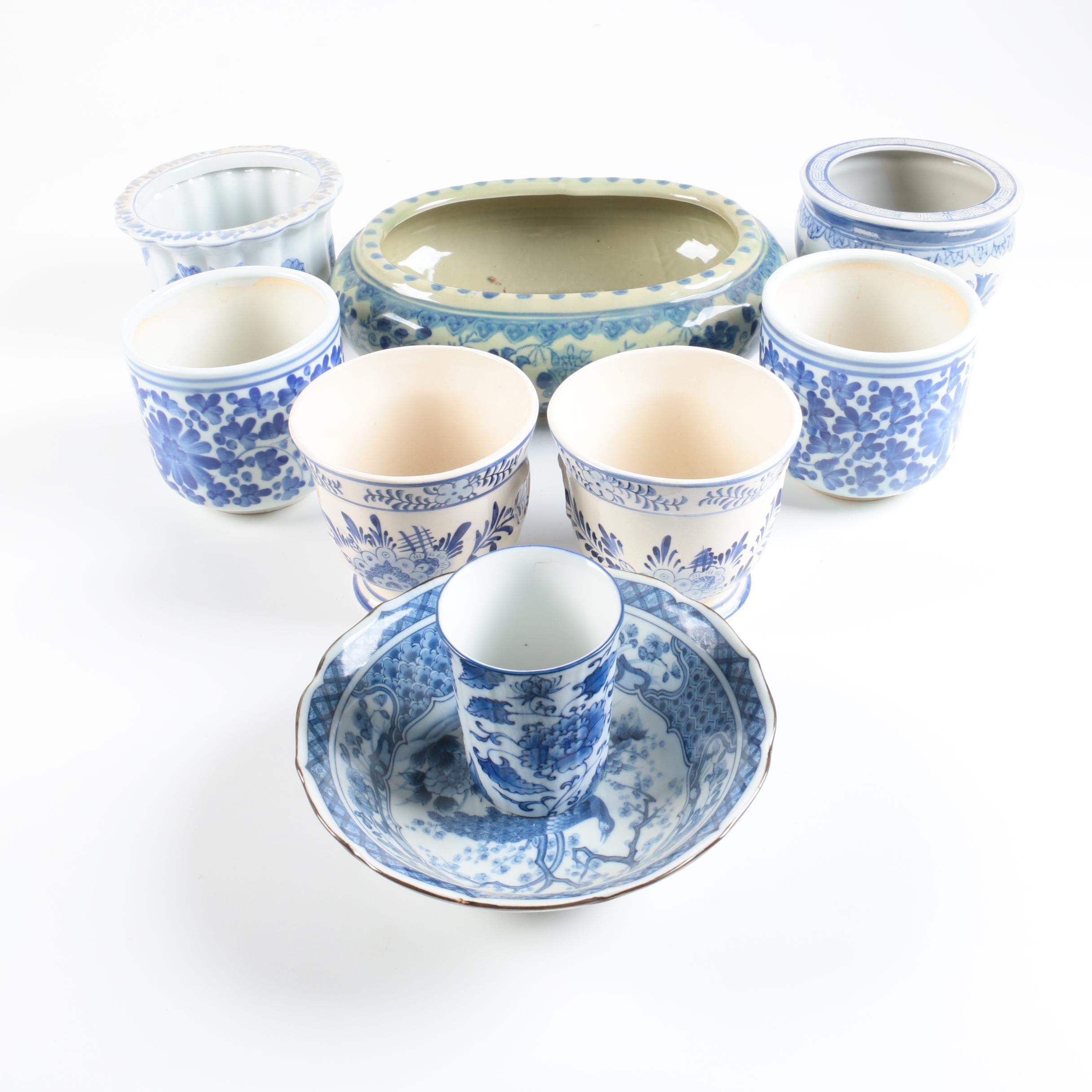 Assorted Blue and White Ceramic Planters