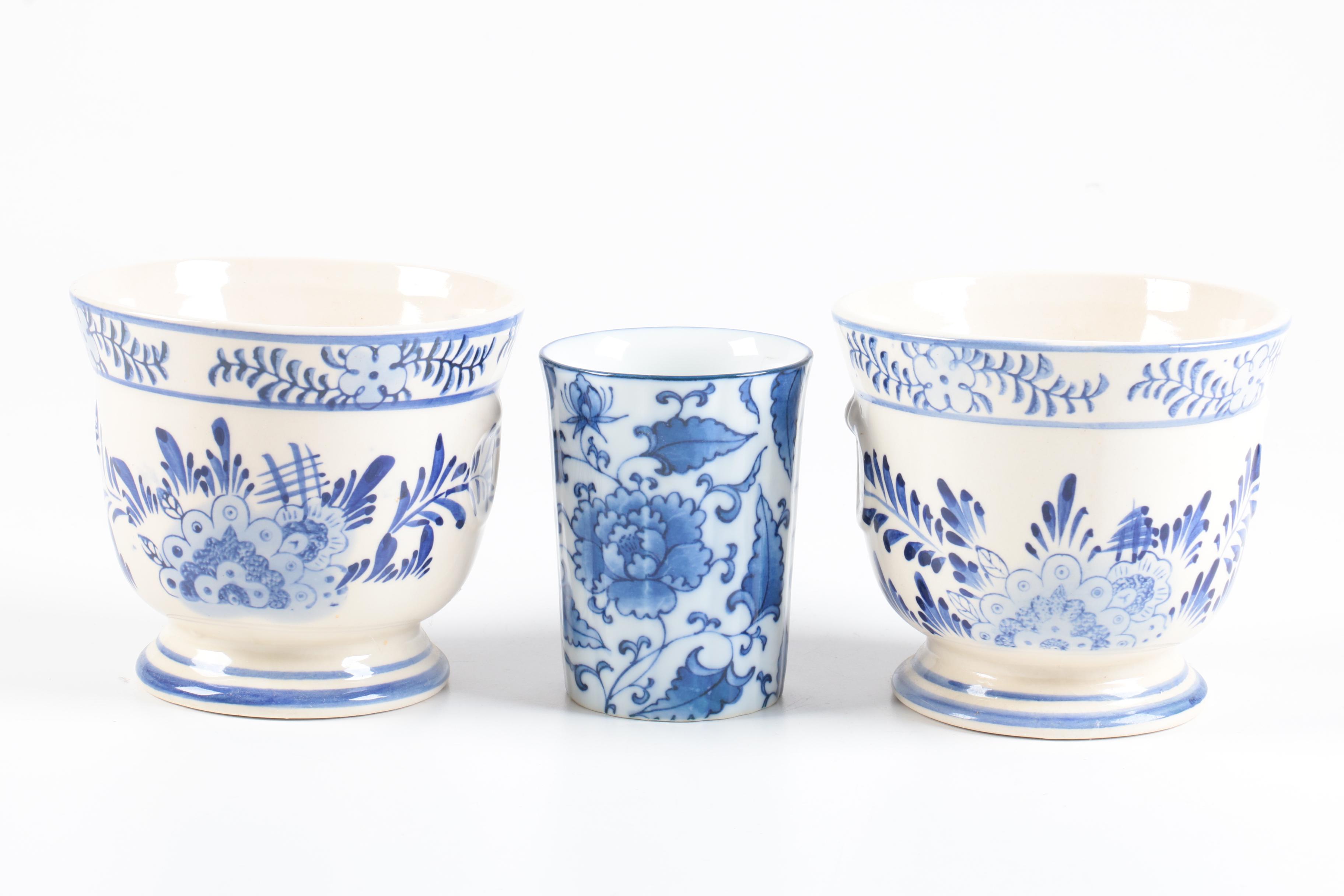 Assorted Blue and White Ceramic Planters