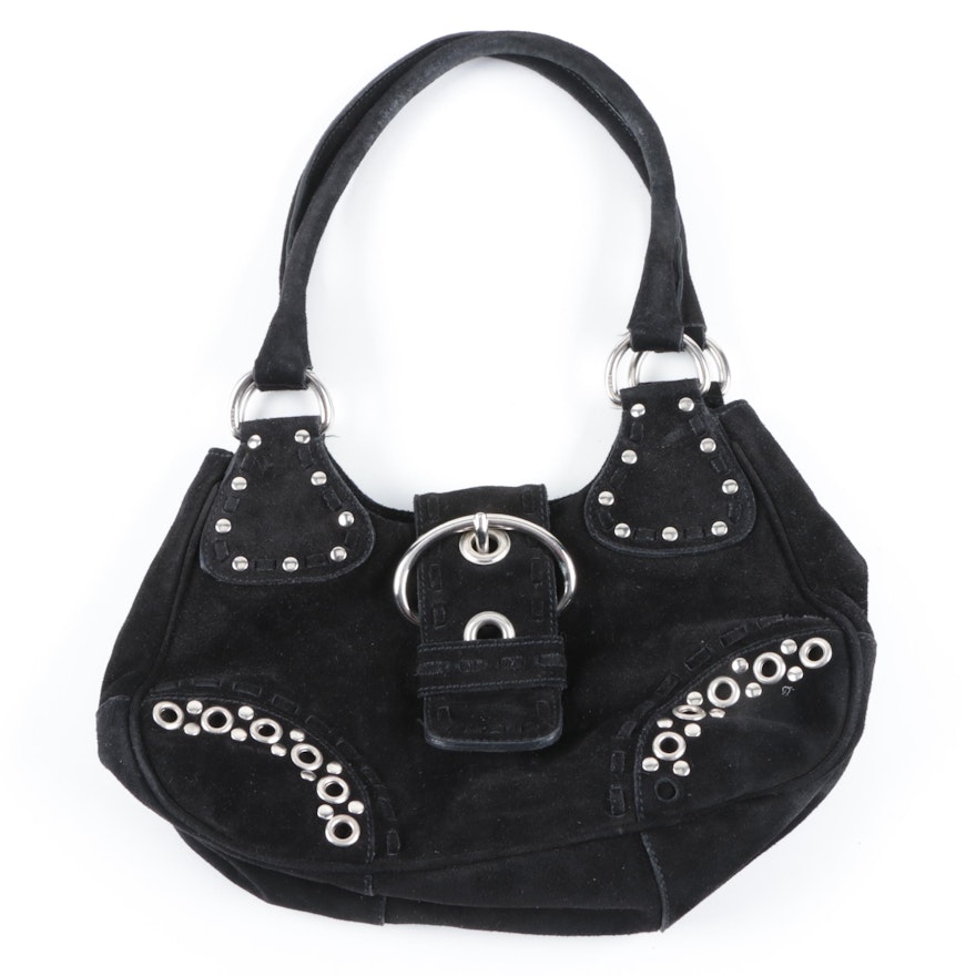 Prada Black Suede Studded Hobo Handbag