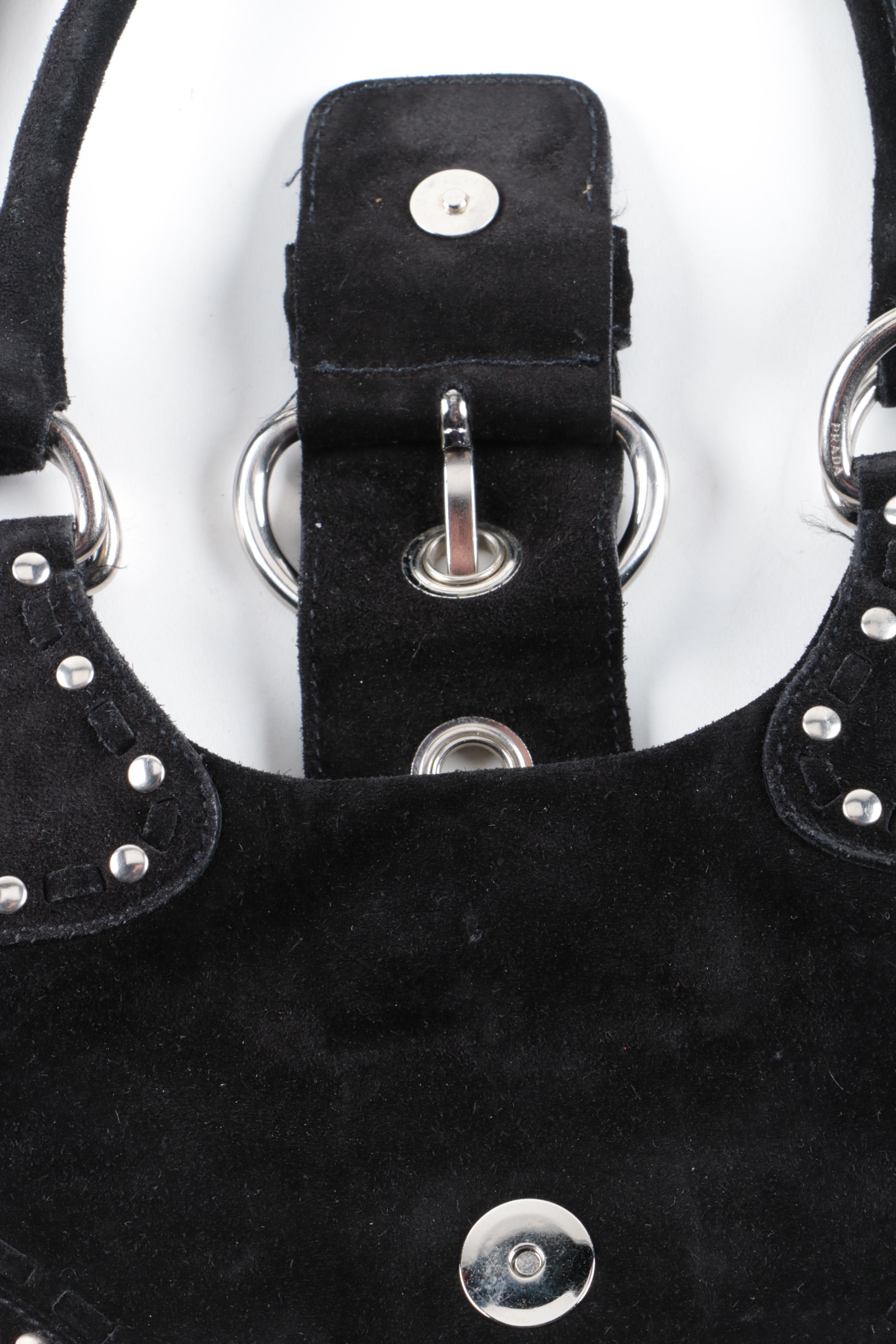 Prada Black Suede Studded Hobo Handbag