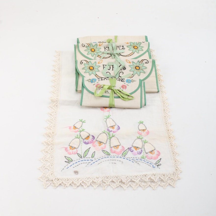Vintage Embroidered Flatware Bags and Table Runner