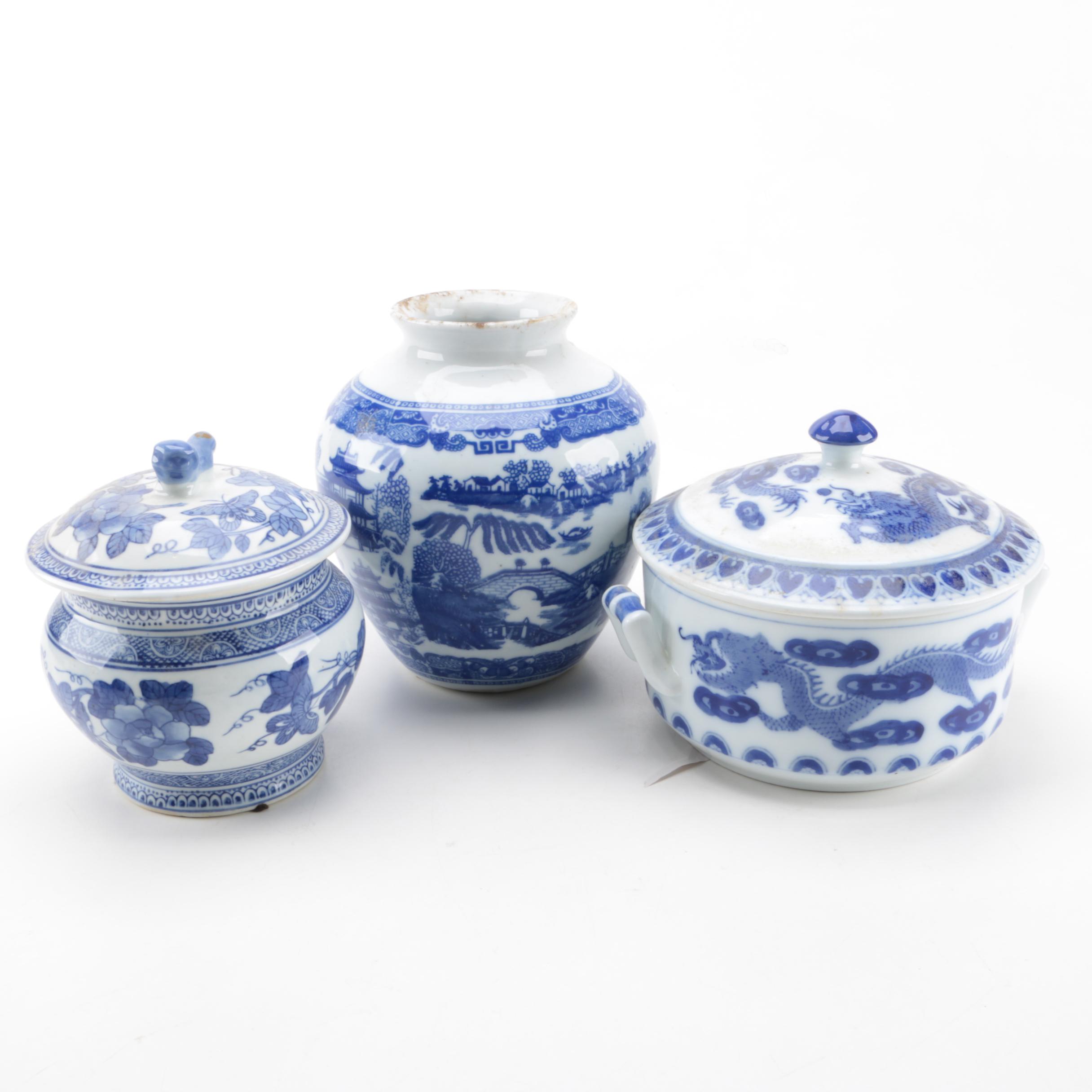 Blue and White Ceramic Lidded Containers and Vase