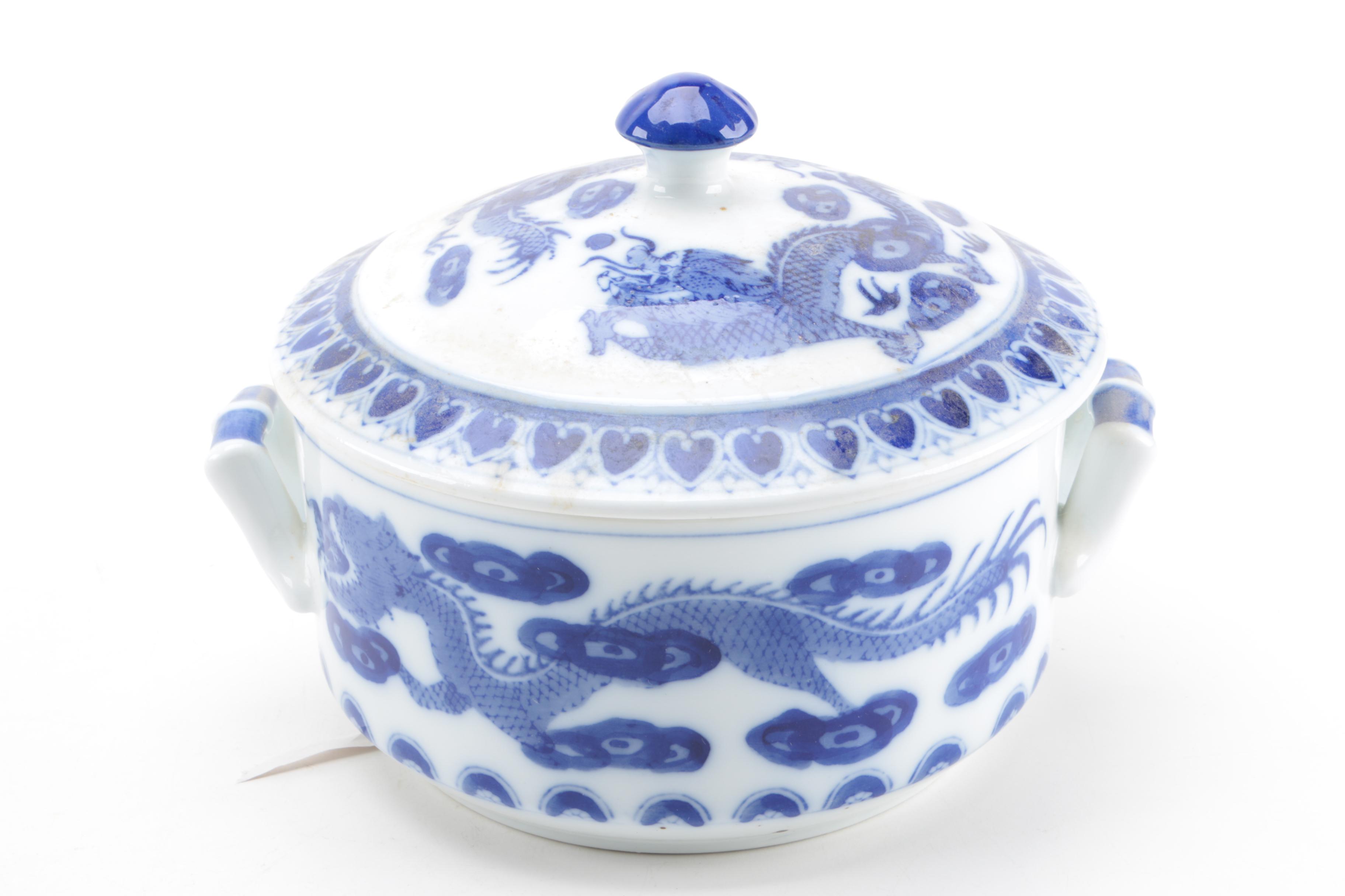 Blue and White Ceramic Lidded Containers and Vase